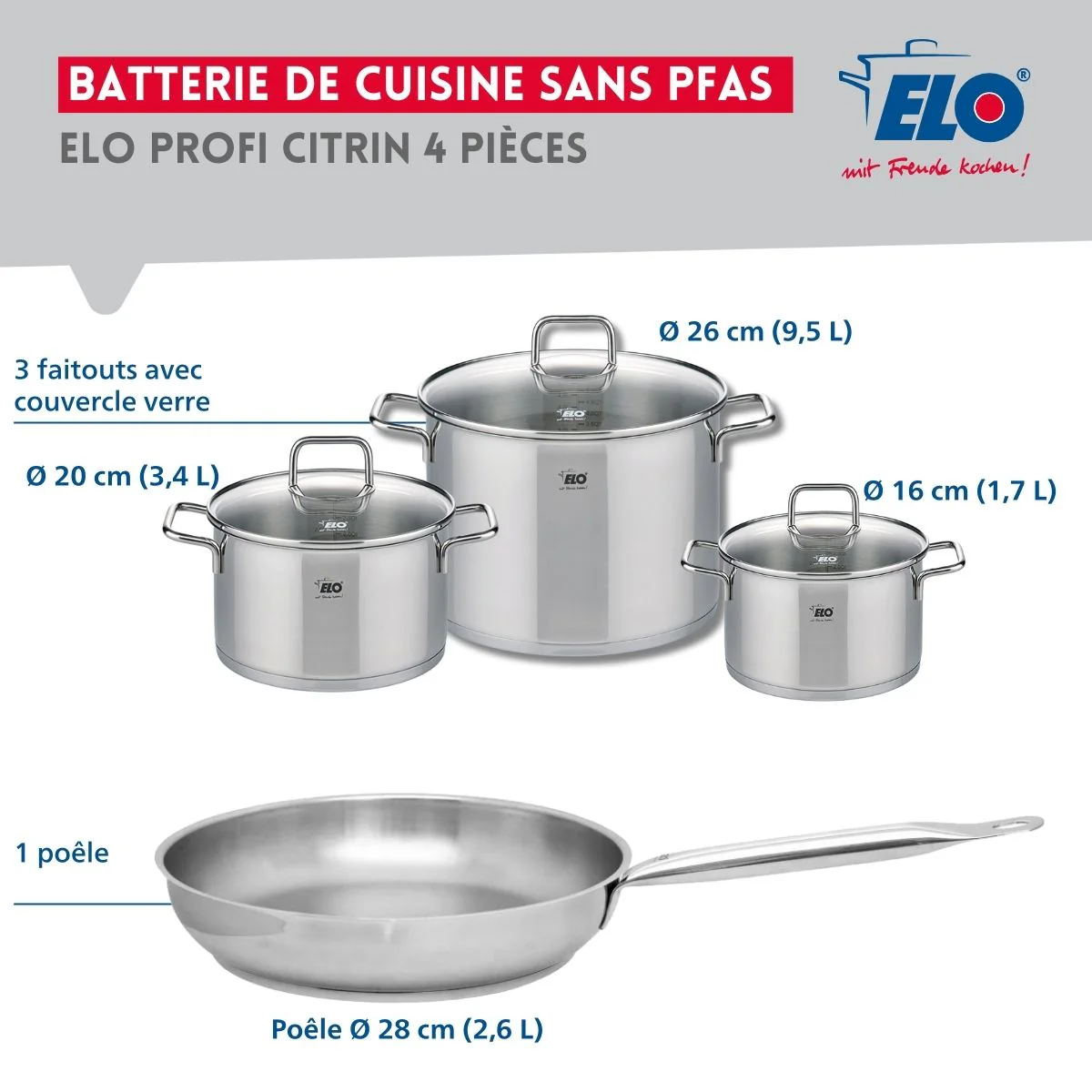 Ensemble de 1 Poêle de cuisson 28 cm et 3 faitouts 16, 20 et 26 cm Elo Profi Citrin Elo