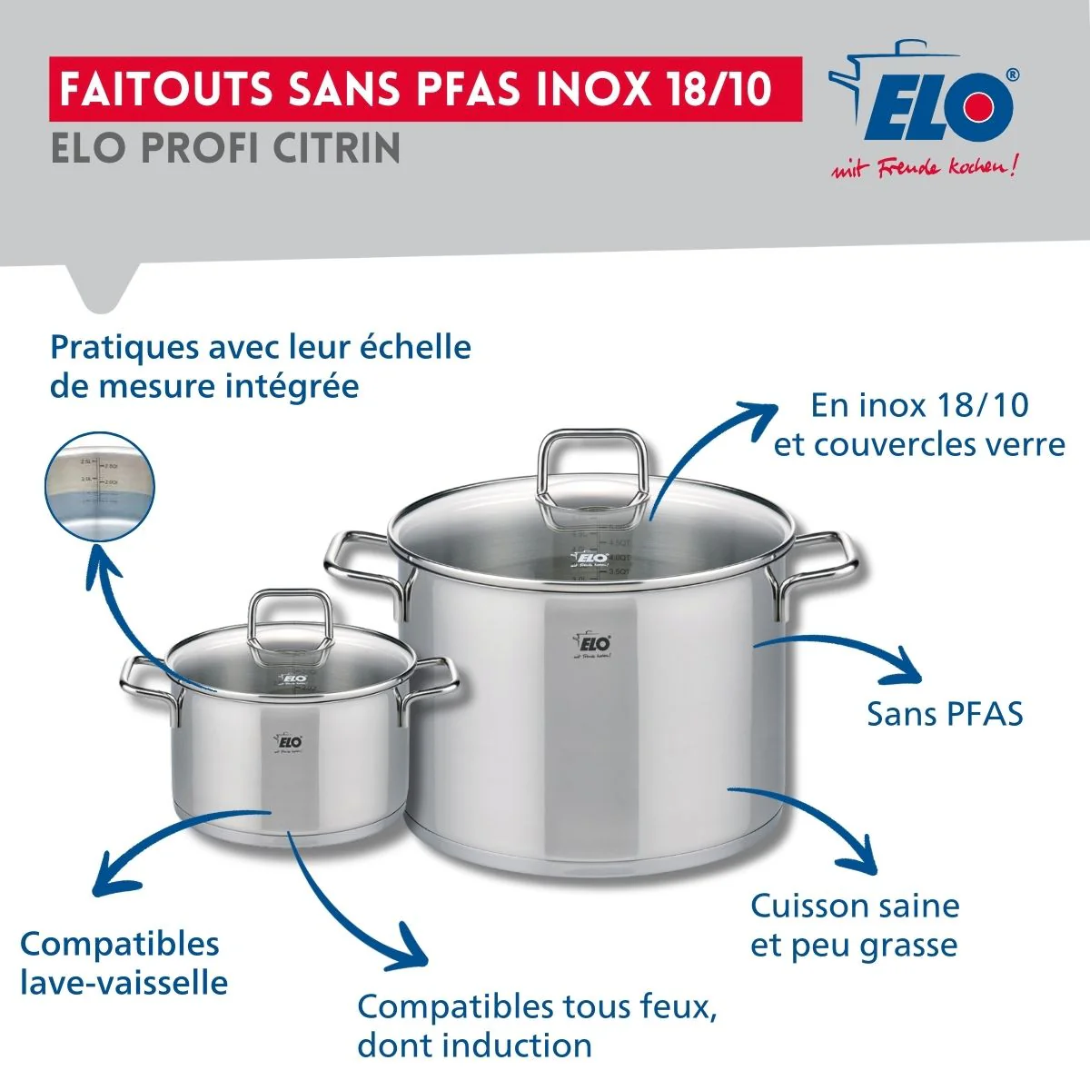 Ensemble de 1 Poêle de cuisson 32 cm et 2 faitouts 16 et 26 cm Elo Profi Citrin Elo
