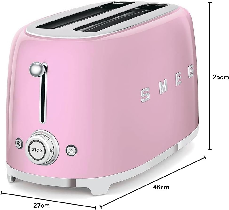 Smeg, Grille-pain 4 Tranches TSF02PKEU, 2 Fentes 36 mm, 6 Niveaux de Brunissage, Fonction Chauffage, Décongélation et Bagel, Éjection Automatique du Pain, Ramasse Miettes, 1500 W, Rose