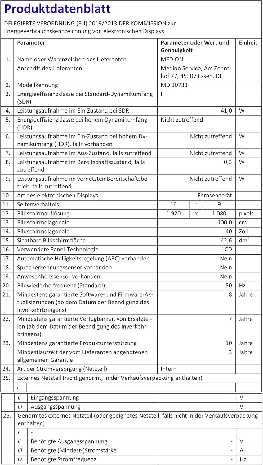 MEDION E14080 (MD 30224) Téléviseur Full HD 100,3 cm (40 Pouces) (Lecteur DVD intégré, récepteur Triple Tuner DVB-T2 DVB-C DVB-S2, 2 x HDMI, VGA, USB, Mediaplayer, CI+)