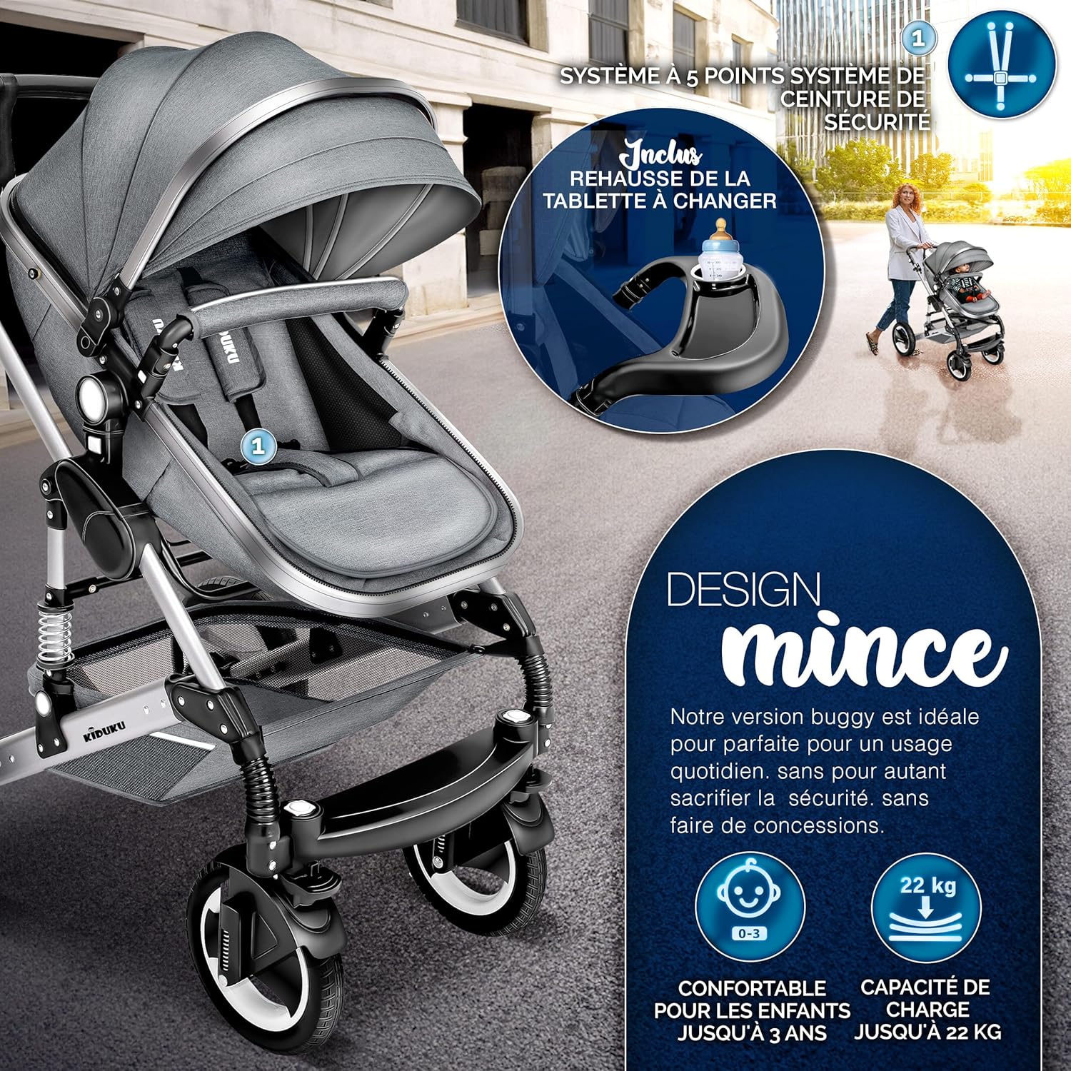 KIDUKU® Poussette Combinée 3 en 1 | Trio pour Enfants | Siége Auto Légère, Piable | Nacelle Souple Convertible | Set de Voyage (Noir/Champagne)