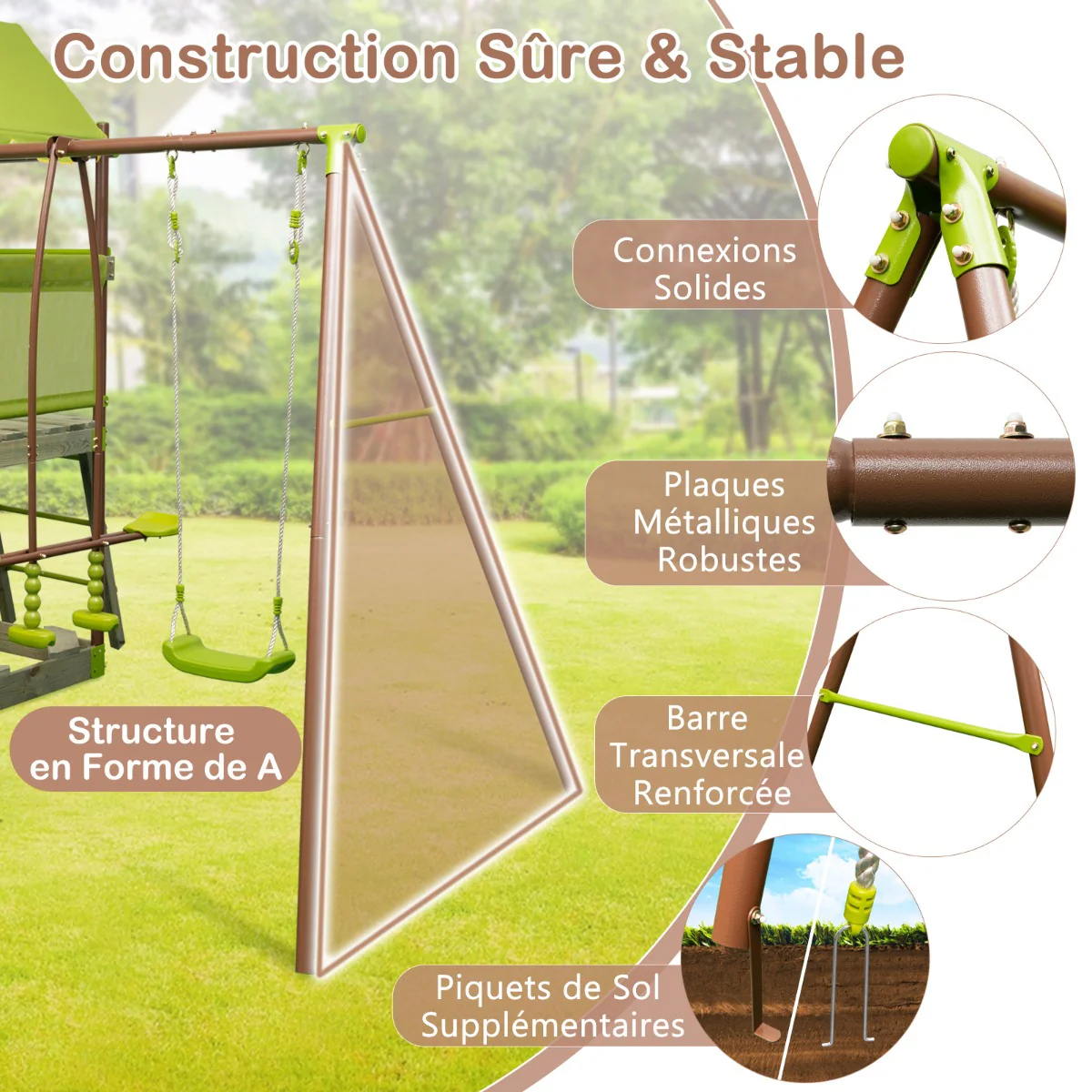 Balanoire 7-en-1 aire de jeu en métal avec fort couvert réglable en hauteur corde d'escalade bac à sable glisseur toboggan ondulé vert 20_0007761