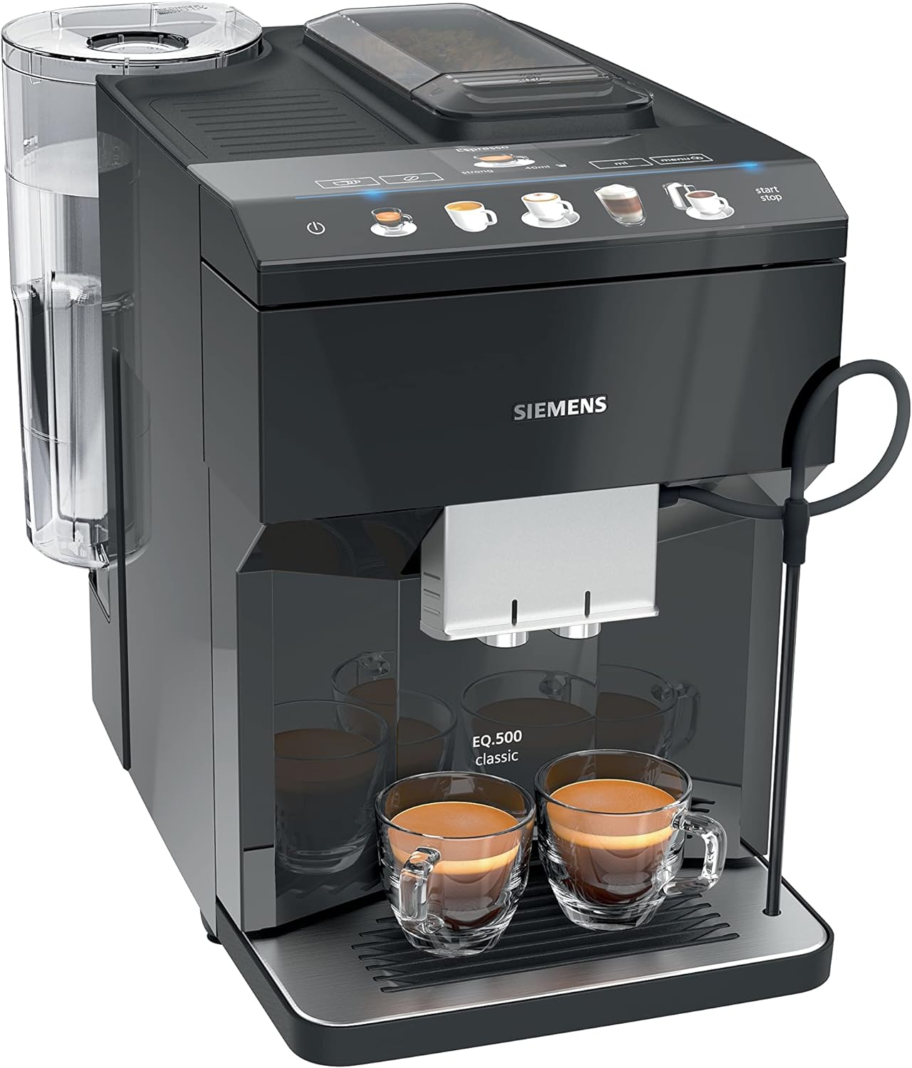 SIEMENS, machine à café tout automatique, EQ.500 integral, aromaDouble Shot, système autoMilk Clean, ceramDrive, affichage coffeeSelect, oneTouch DoubleCup, Noir saphir métallique, TQ505R09
