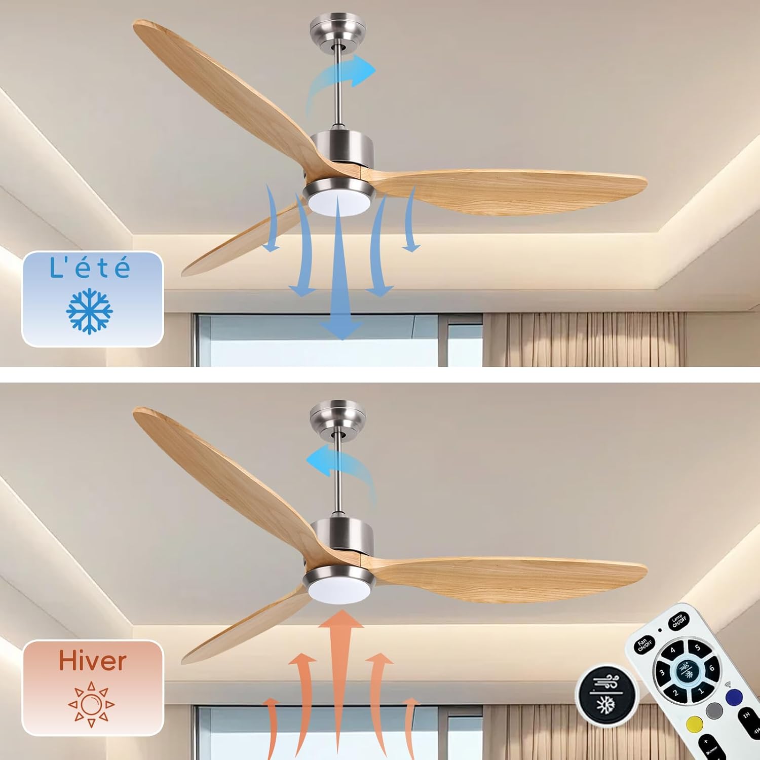 Ovlaim 132cm intérieur extérieur 3 pales hélice Smart ventilateur de plafond, Ventilateur de plafond en bois massif à moteur DC silencieux avect