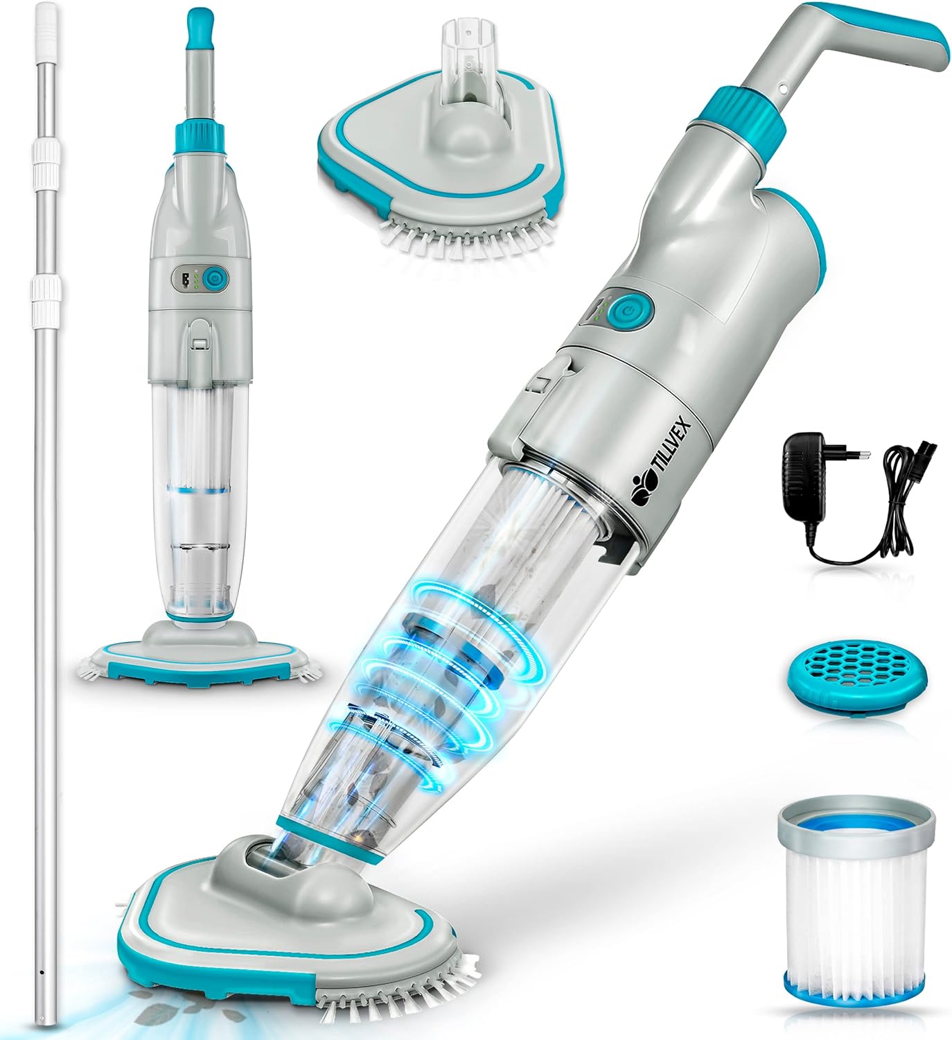 tillvex Aspirateur Électrique pour Piscines | Nettoyeur de Piscine sans Fil avec Manche Télescopique | Kit de Nettoyage avec Filtre & 2 Vitesses | Rechargeable