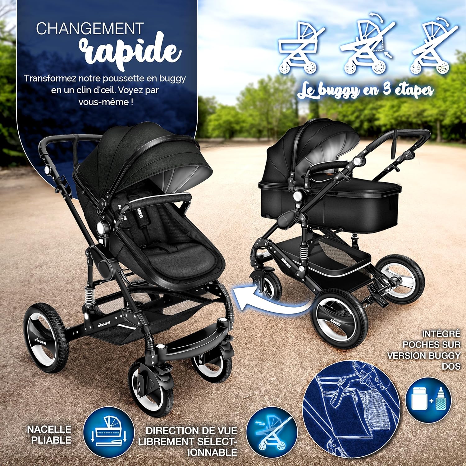 KIDUKU® Poussette Combinée 3 en 1 | Trio pour Enfants | Siége Auto Légère, Piable | Nacelle Souple Convertible | Set de Voyage (Noir/Champagne)