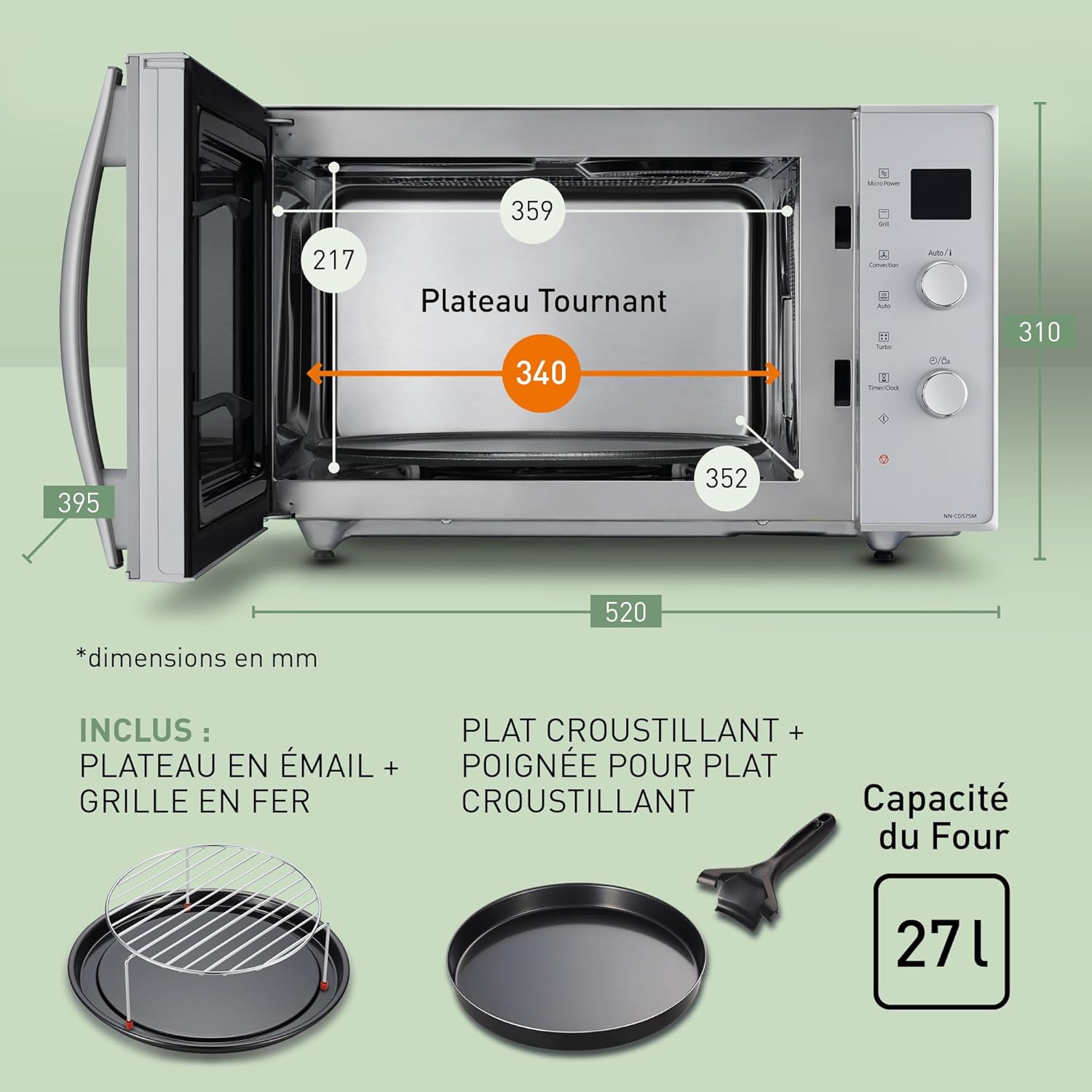 Panasonic NN-CD565BEPG - Four 3 en 1 Combiné, 27 L, Inverter, Chaleur à 100-220°C, Gril Quartz 1300W, Micro-ondes 1000 W, Plat Crispy, Plateau tournant 34 cm, Noir - Version FR