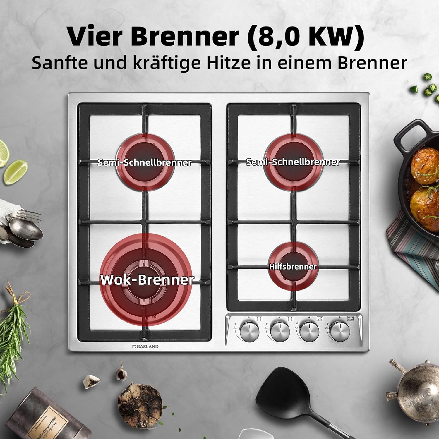 GASLAND GH2805BG1FC Table de cuisson à gaz 5 feux, Cuisinière à gaz avec brûleur wok, Table de cuisson à gaz encastrable, 76cm noir Cuisinière à gaz en verre, Cuisinière à gaz 10,4KW, GPL/NG