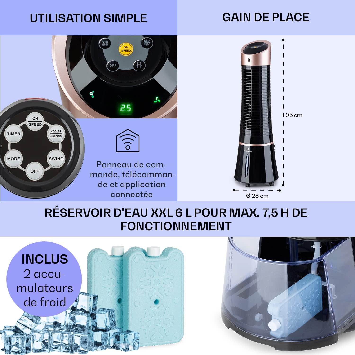 Klarstein Rafraichisseur d'Air Mobile 5 en 1, par Evaporation avec Humidificateur, Ventilateur, Ioniseur, Climatiseur Mobile Sans Évacuation, Mode Nuit, 45W, Débit d'Air de 180m³/h