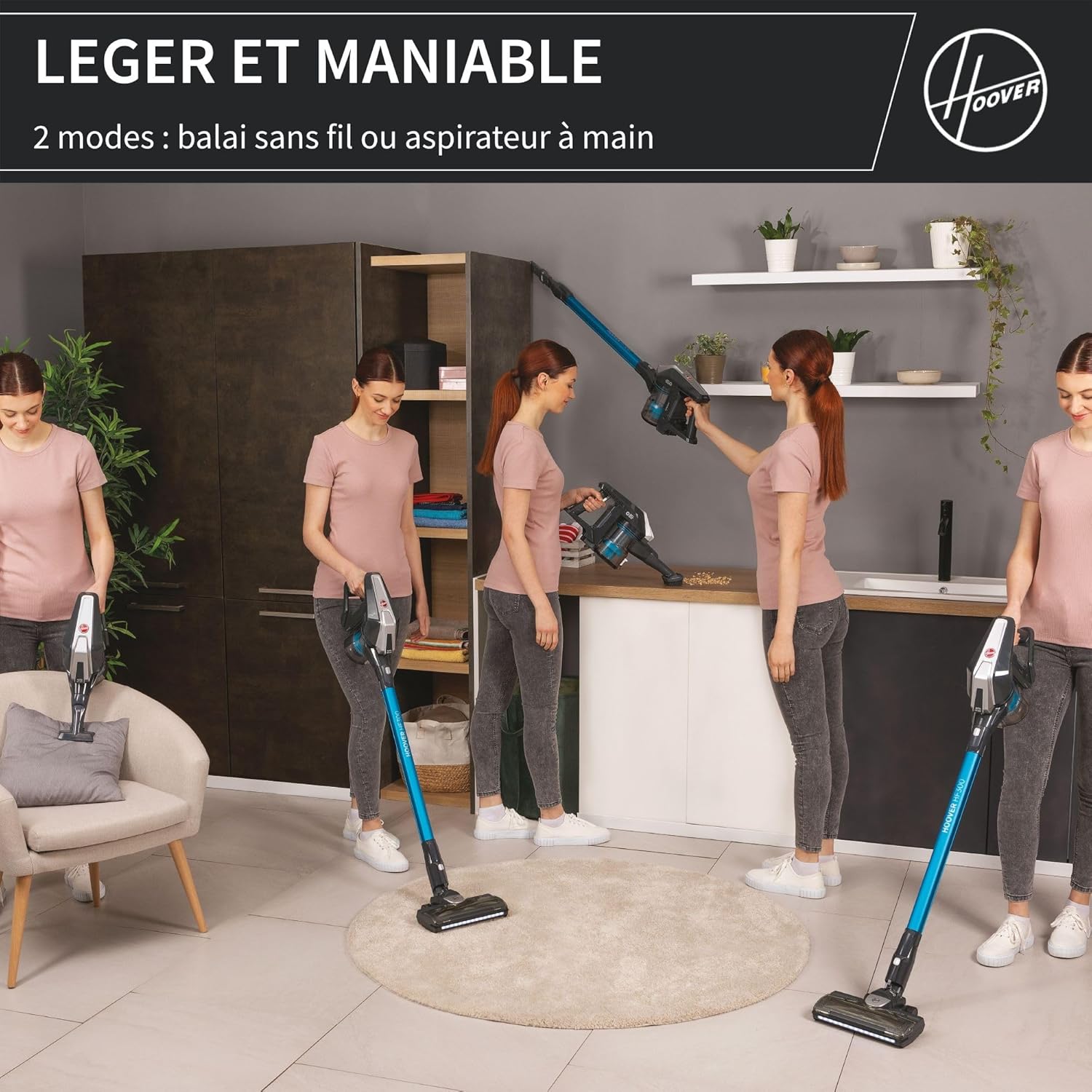 Hoover HF522STP Aspirateur Balai sans Fil Puissant, Grande Autonomie, Rangement Compact, Electrobrosse Anti-emmêlement LED, Turbobrosse Spéciale Animaux, Charge Rapide,Position Park&Go, Bleu Skyfall