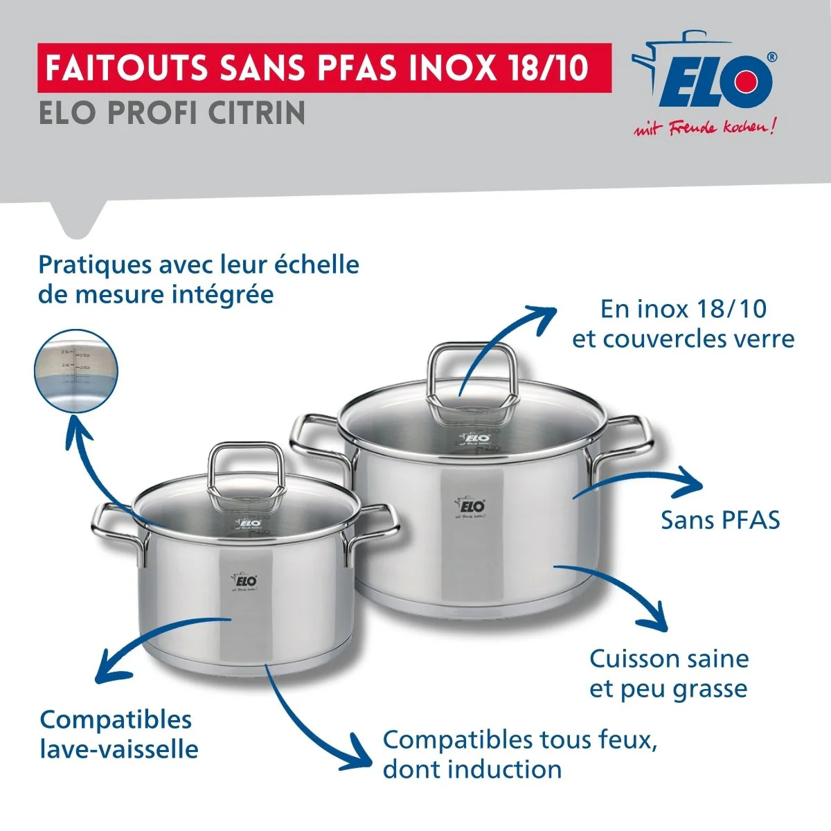 Ensemble de 1 Poêle de cuisson 32 cm et 2 faitouts 16 et 20 cm Elo Profi Citrin Elo