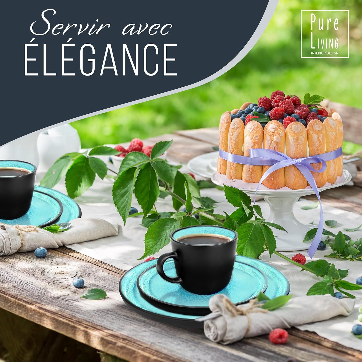 Service de Vaisselle en Grès Ibiza 36 pièces –Ensemble de Vaisselle pour 12 Personnes, Adapté au Lave-Vaisselle et au Micro-Ondes, Pure Living bleu fumé, Assiettes Service de Table