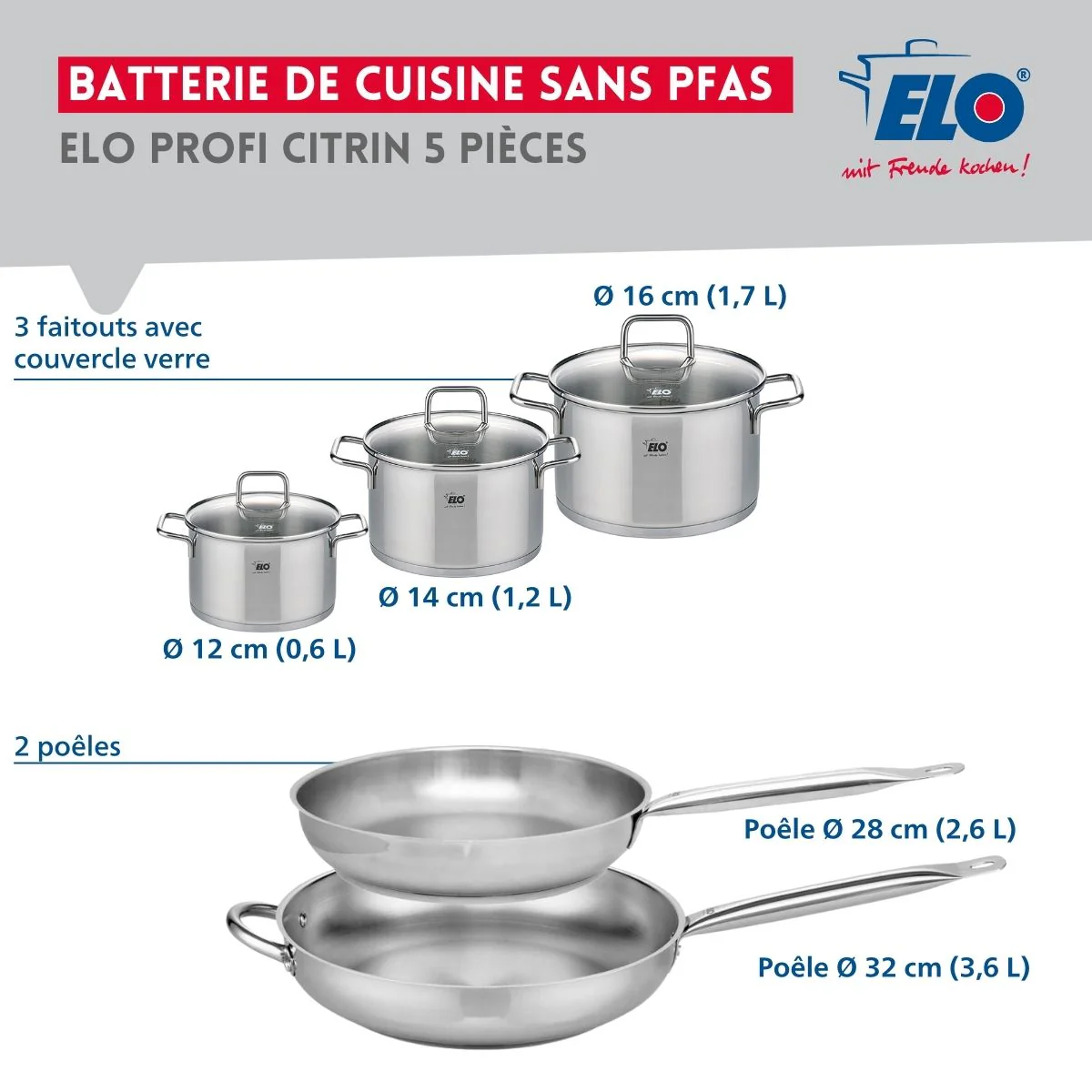 Ensemble de 2 Poêles de cuisson 28 et 32 cm et 3 faitouts 12, 14 et 16 cm Elo Profi Citrin Elo