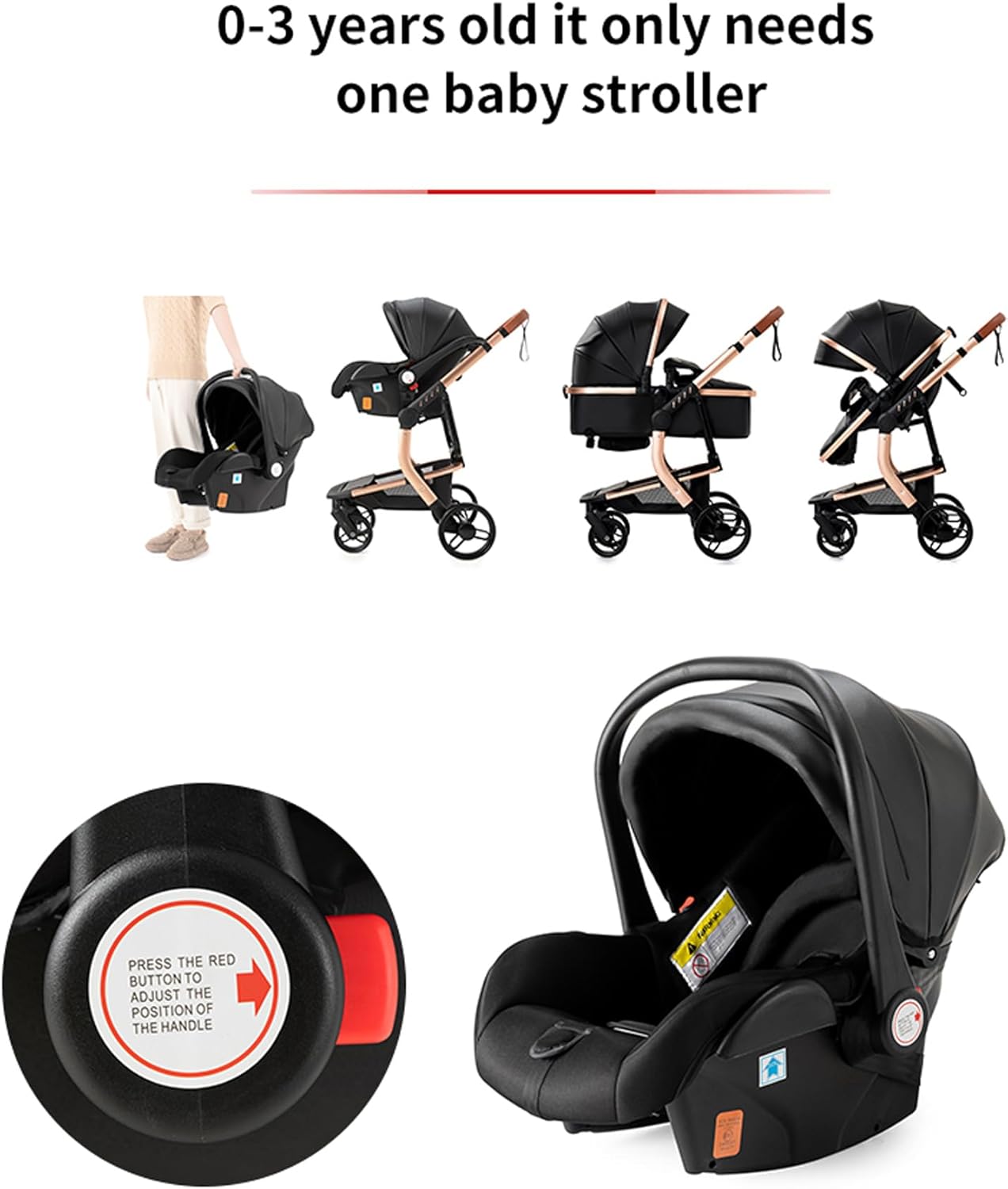 NADDLILY Poussette 3 en 1, Poussette Bebe avec Conception Portable Pliable en Un Clic, Pousette 3 en 1 avec Poussée Réversible Bidirectionnelle, Poussette Canne avec Accessoires (V9 Black)