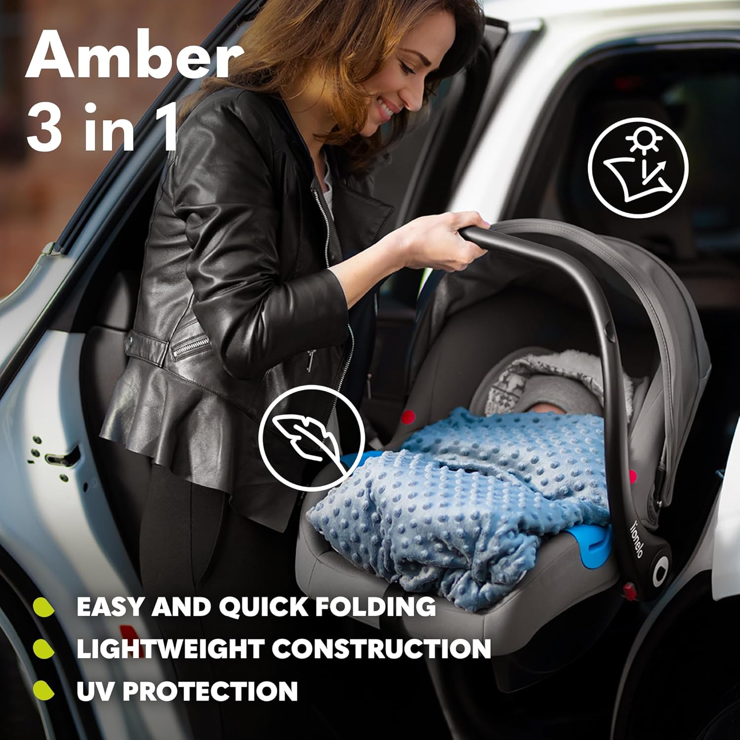 LIONELO Amber 3 in 1 poussette multifonctionnellle, landau, ensemble poussette avec siège sport et nacelle fixe, sac, moustiquaire, couvrir, feuille de pluie mit siege auto