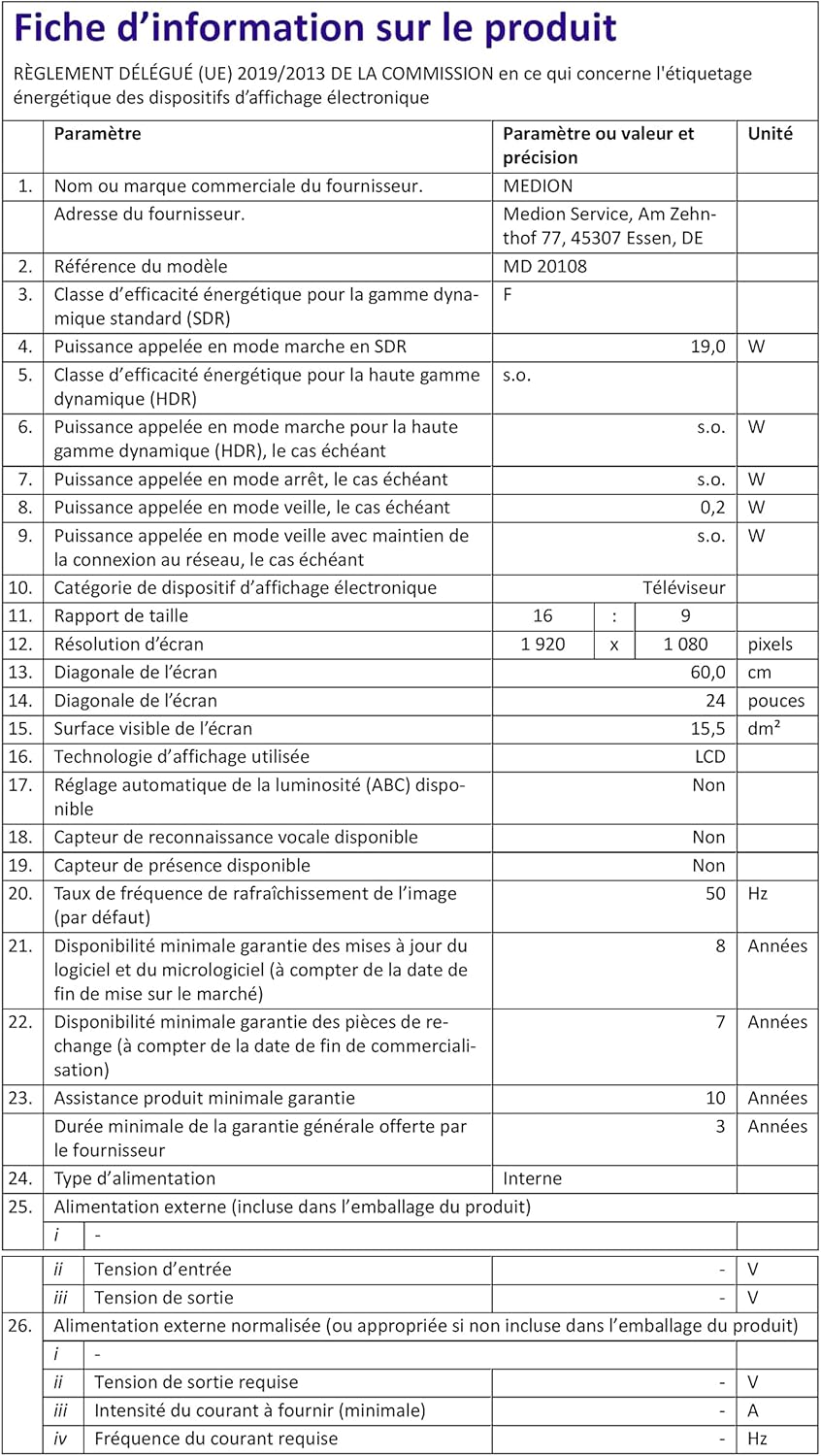 MEDION E14080 (MD 30224) Téléviseur Full HD 100,3 cm (40 Pouces) (Lecteur DVD intégré, récepteur Triple Tuner DVB-T2 DVB-C DVB-S2, 2 x HDMI, VGA, USB, Mediaplayer, CI+)