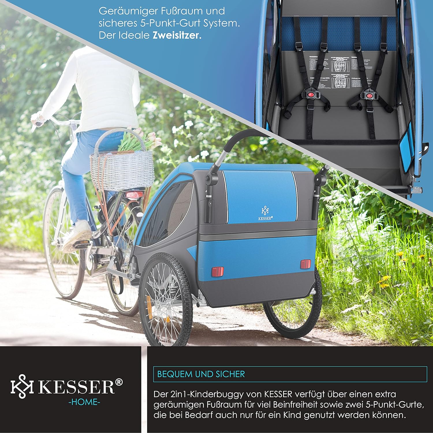 KESSER® Remorque de vélo pour enfant - Rotation à 360° - Avec suspension 2 en 1 - Fonction jogger - Remorque de vélo pour enfant - Sangle à 5 points - Pour 1 à 2 enfants - 40 kg