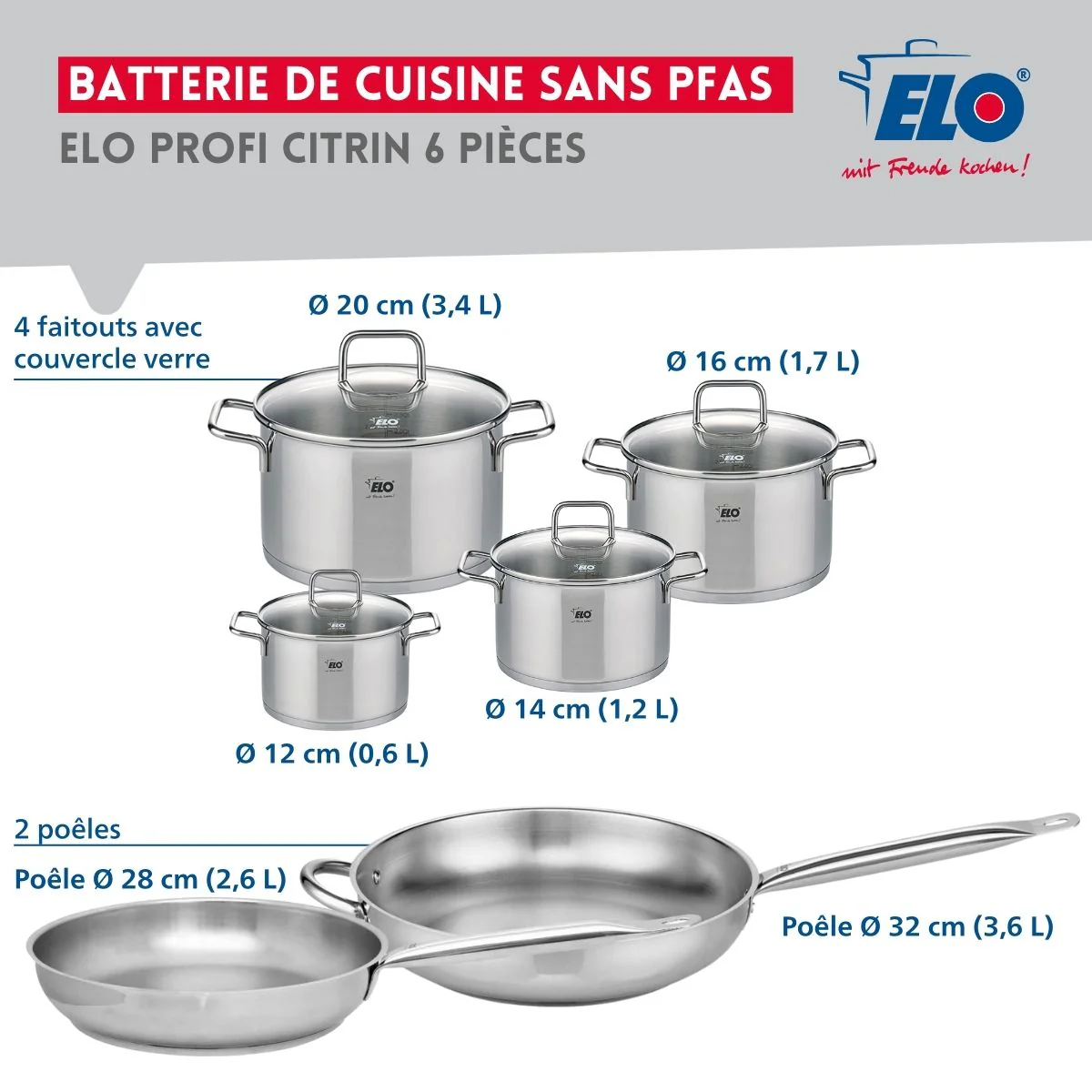 Ensemble de 2 Poêles de cuisson 28 et 32 cm et 4 faitouts 12, 14, 16 et 20 cm Elo Profi Citrin Elo