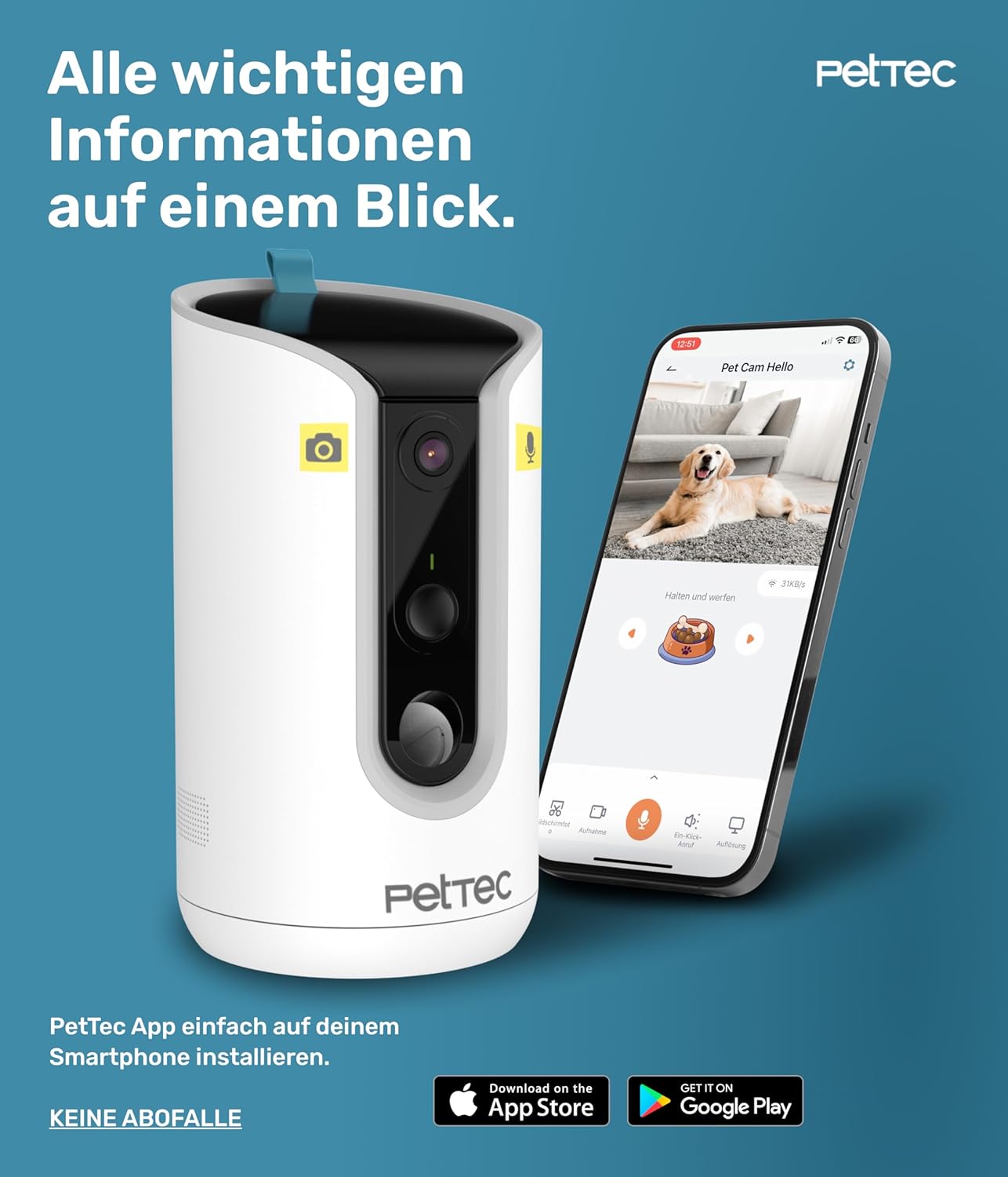 PetTec Cam Free Lot de 2 caméras sans fil pour animaux de compagnie avec application [sans piège à abonnement] – Caméra pour chats et chiens intérieur/extérieur – Détection de mouvement et fonction