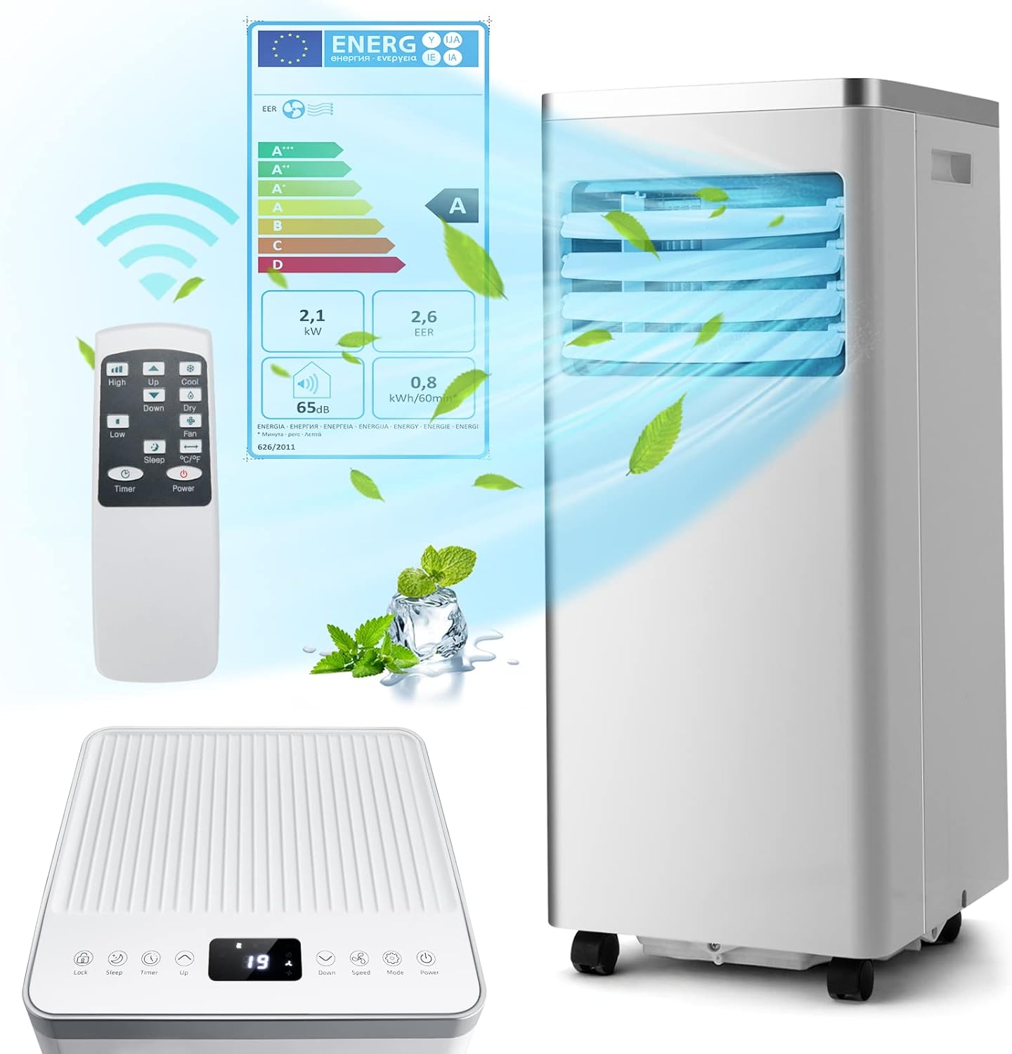 RELAX4LIFE Climatiseur Mobile Silencieux 9000BTU, Climatiseur Portable 4 en 1, Refroidisseur d'Air, Ventilateur, Déshumidificateur, Mode Nuit, 15-20㎡, Télécommande, Minuterie 24H, Classe Energie A