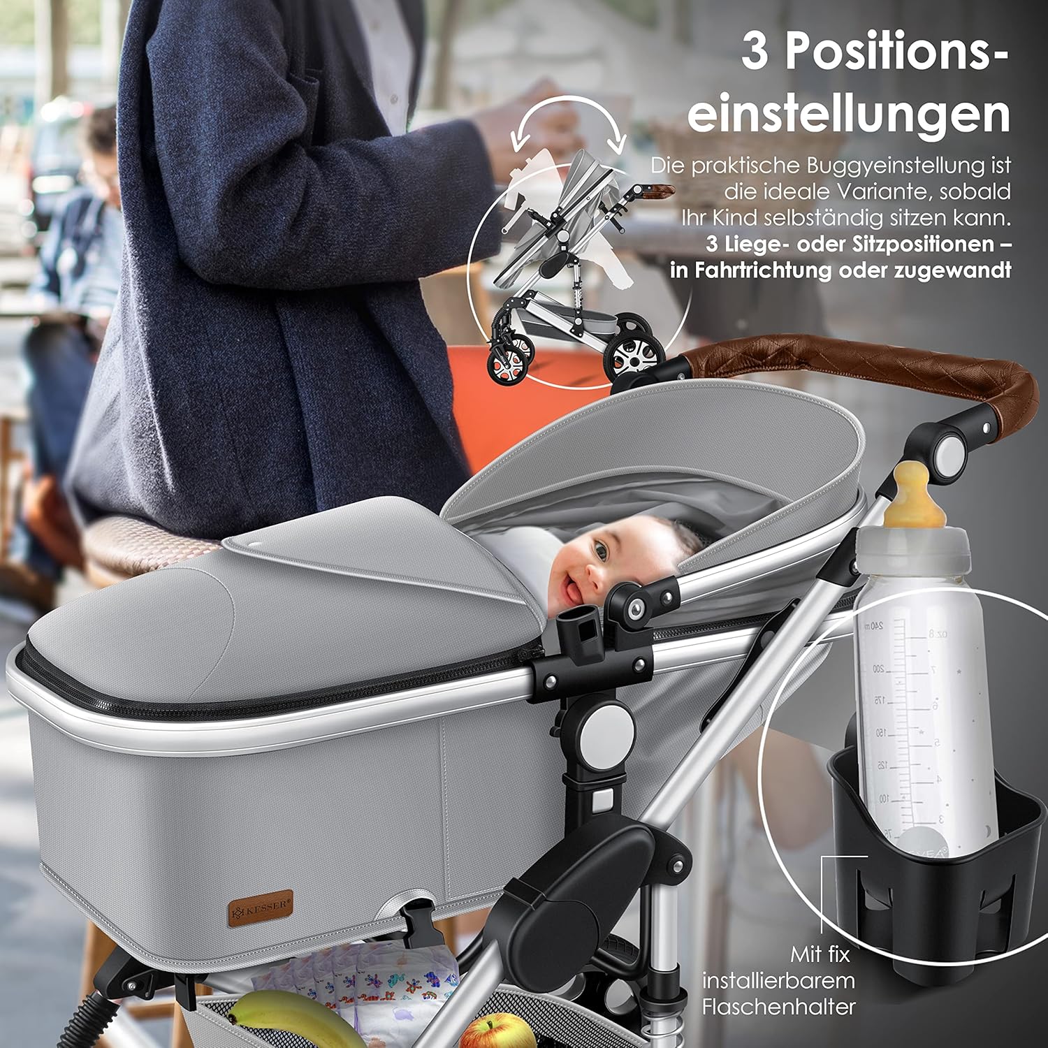 KESSER® Poussette combinée 3en1 Set incl. baignoire bébé poussette Siège sport & siège auto pour bébé Pneus pleins en caoutchouc Sac à langer Protection pluie Table pour enfant ECE R129 noir/champagne