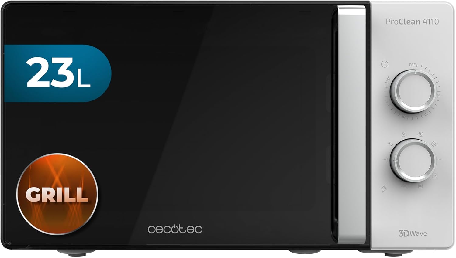 Cecotec Four à micro-ondes ProClean 9110 FullINOX avec grill 1000 W, 30 litres, 5 niveaux de puissance, 8 programmes, minuterie de 60 minutes, revêtement Ready2Clean, design avant miroir