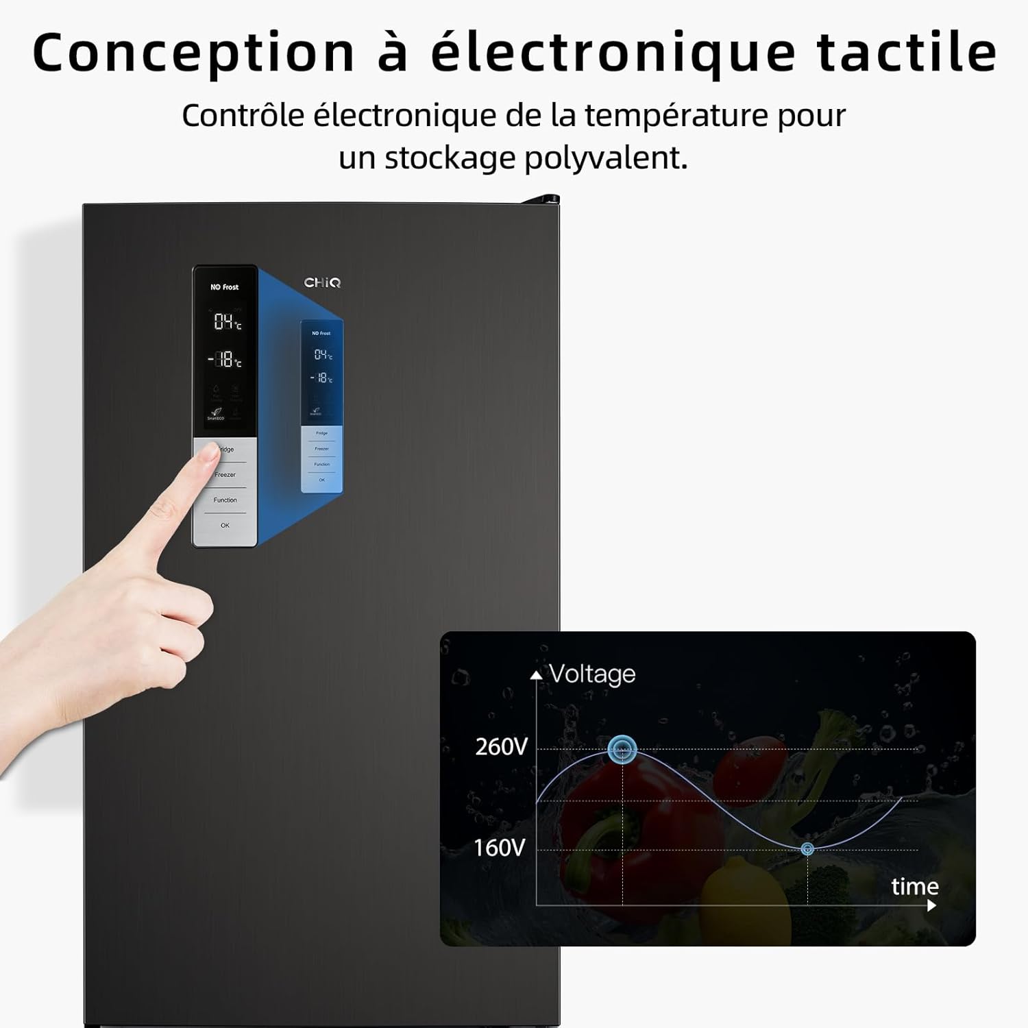 CHIQ Réfrigérateur autoportant 317L à Inverter, 322 l, sans givre, flux d'air multiple, congélation rapide, électronique tactile, compresseur avec garantie de 12 ans, efficacité améliorée, noir
