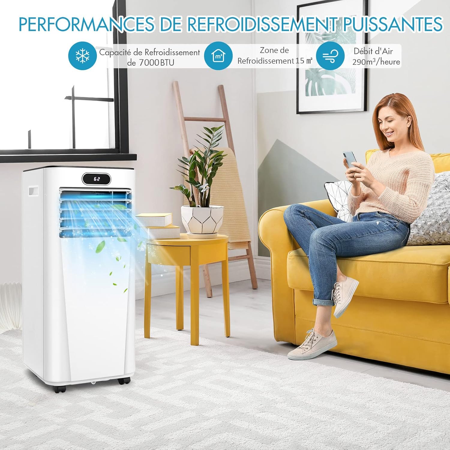 RELAX4LIFE Climatiseur Mobile Silencieux 9000BTU, Climatiseur Portable 4 en 1, Refroidisseur d'Air, Ventilateur, Déshumidificateur, Mode Nuit, 15-20㎡, Télécommande, Minuterie 24H, Classe Energie A