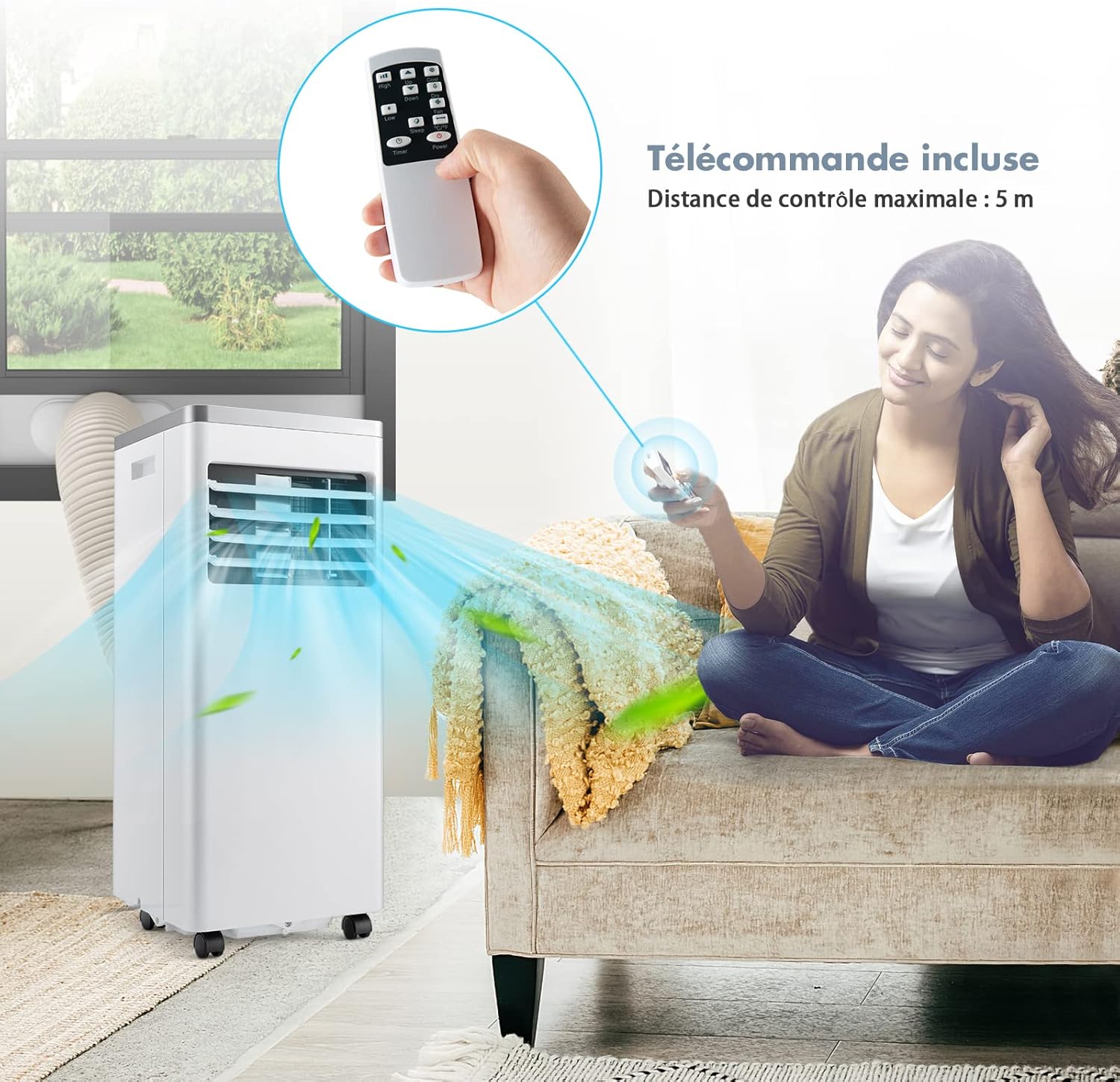 RELAX4LIFE Climatiseur Mobile Silencieux 9000BTU, Climatiseur Portable 4 en 1, Refroidisseur d'Air, Ventilateur, Déshumidificateur, Mode Nuit, 15-20㎡, Télécommande, Minuterie 24H, Classe Energie A