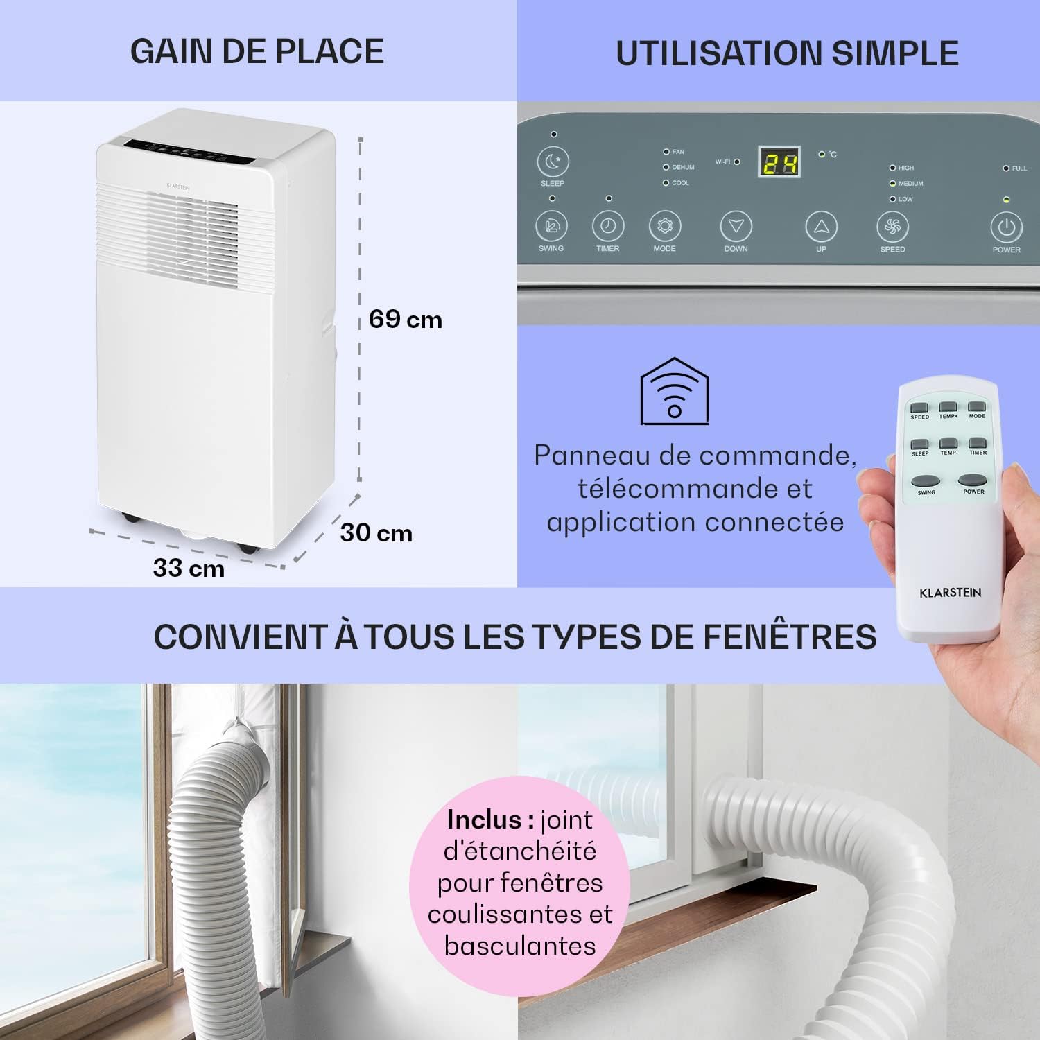 Klarstein Climatiseur Mobile Silencieux, Climatiseur 3 en 1, Mode Nuit, Déshumidificateur, Ventilateur, Mini Climatisation à Faible Conso, Evacuation, Clim Portable, Puissante, 12000 BTU, Climatiseurs