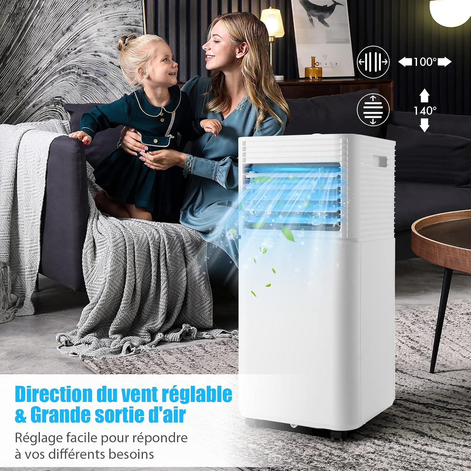 RELAX4LIFE Climatiseur Mobile Silencieux 9000BTU, Climatiseur Portable 4 en 1, Refroidisseur d'Air, Ventilateur, Déshumidificateur, Mode Nuit, 15-20㎡, Télécommande, Minuterie 24H, Classe Energie A