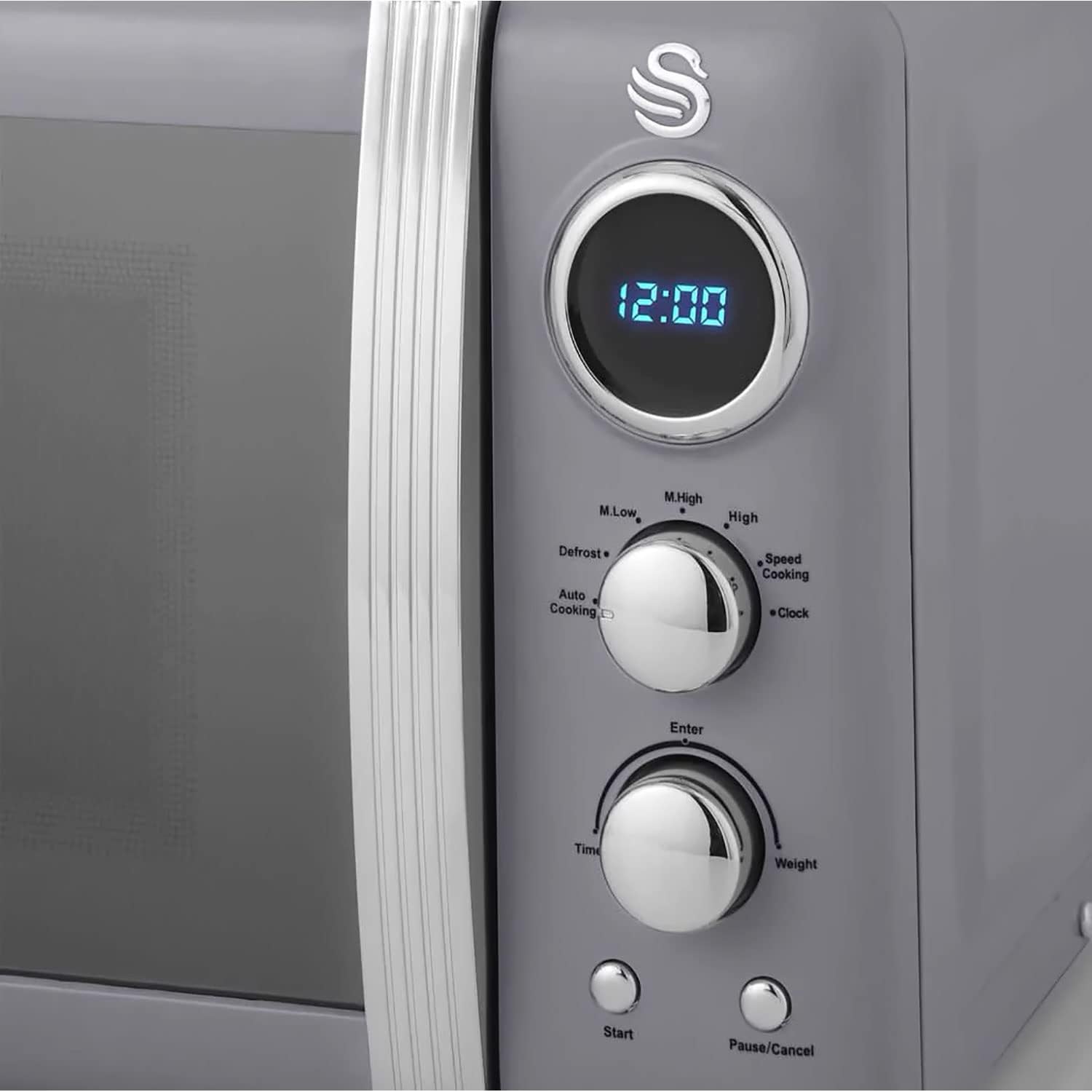 Swan Retro SM22030GRNEU Micro-ondes Numérique 20L, 5 Niveaux de Puissance, Fonction Décongélation, Minuterie 60 Minutes, Porte à Effet Miroir, Plateau Tournant 27cm, Design Vintage, Gris, 800W