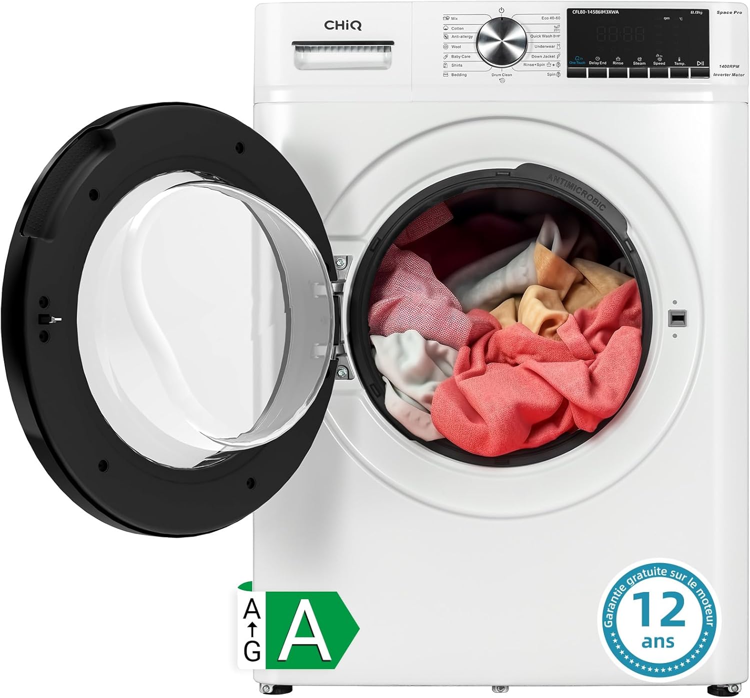 CHiQ Lave-linge à chargement frontal 10kg CFL100-14586IM3XWA,Space Pro,Moteur Inverter stable,1400 tr/min, Programme intelligent à IA,Fonction vapeur,Lavage rapide 15 minutes,15 cycles lavage,Blanc