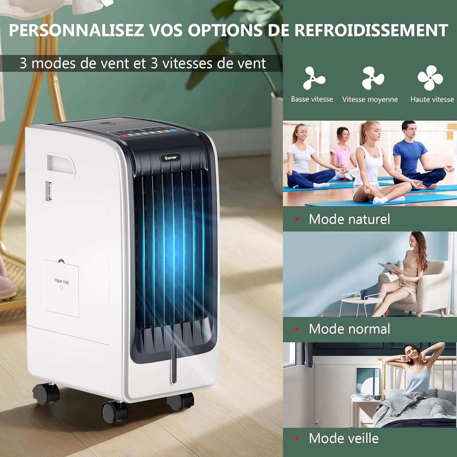 RELAX4LIFE Rafraîchisseur d’Air Mobile avec Humidificateur et Purificateur, 3 Mode de Vitesse, Climatiseur avec Réservoir d'Eau 8L et Filtre Amovible et Lavable pour Chambre, Bureau, Salon