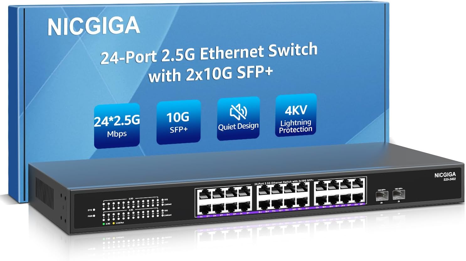 16 ports 2,5 G ➕ commutateur Ethernet SFP+ 2 ports 10 G, commutateur réseau NICGIGA 18 ports 2,5 Gb non géré, Plug & Play, montage sur bureau ou rack 19 pouces, conception métallique sans ventilateur.