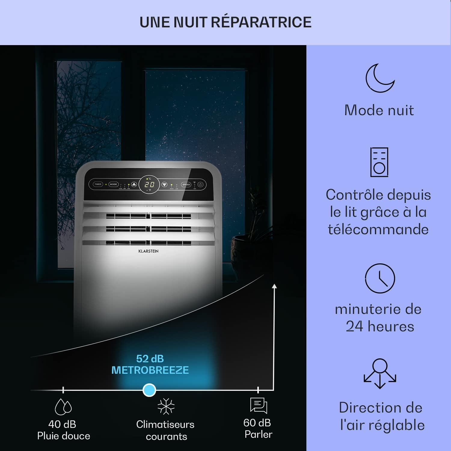 Klarstein Climatiseur Mobile Silencieux, Smart Climatiseur 4 en 1, Mode Nuit, Déshumidificateur, Ventilateur, Mini Climatisation à Faible Conso, Evacuation, Clim Portable de 9000 BTU, Climatiseurs