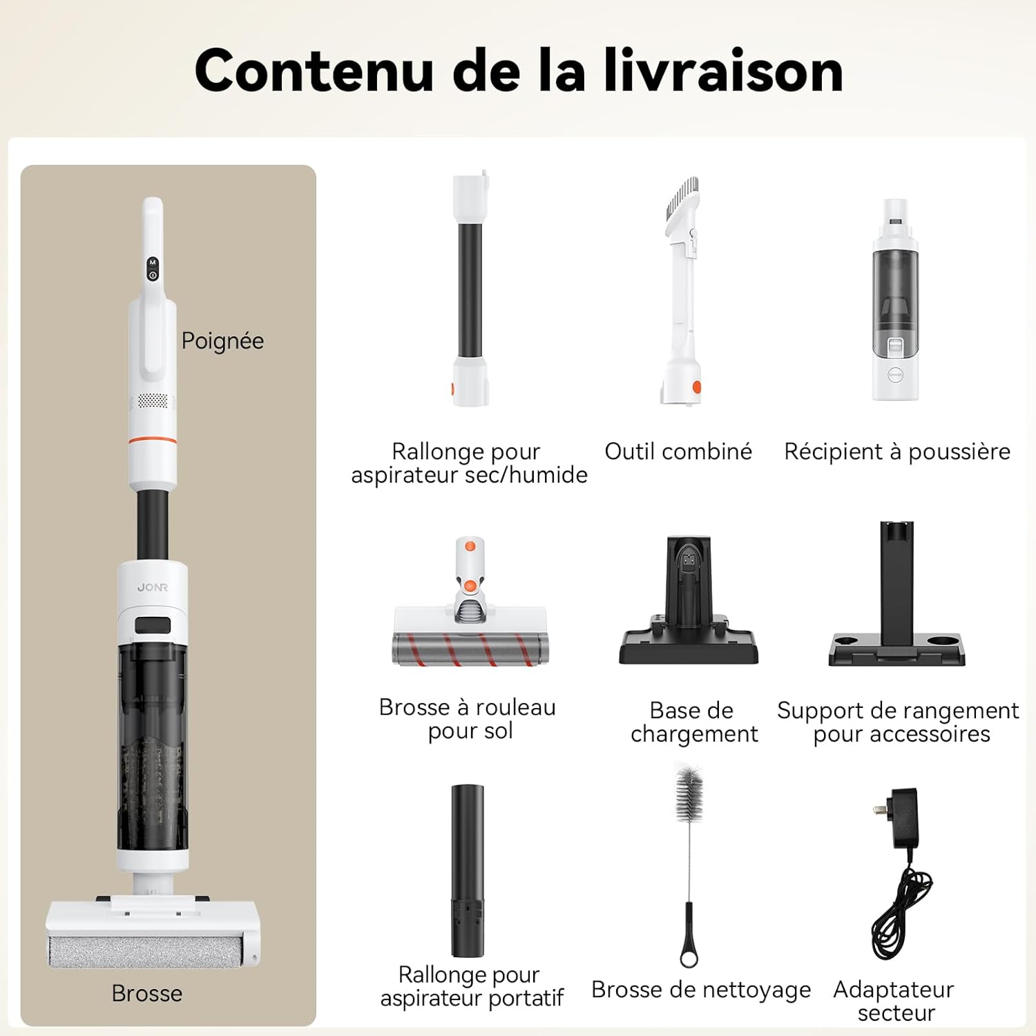 JONR ED12 Aspirateur Eau et Poussière, Aspirateur et Balai à Franges sans Fil 4 en 1, Brosse Rouleau de Nettoyage des Bords, Fonction d’Auto-Nettoyage, pour Sols Durs, Poils d'animaux
