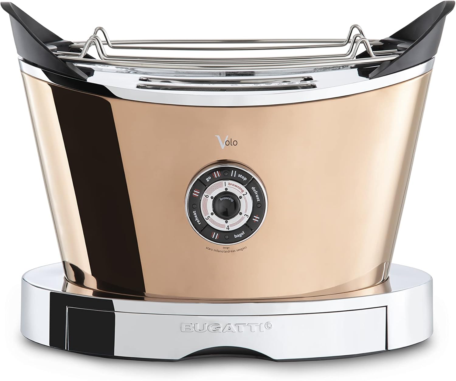 BUGATTI, Volo, Grille-Pain Électrique, 4 Fonctions, 6 Niveaux de Grillage, Design Innovant, Corps en Acier Inoxydable, Puissance 930 W (Chrome)