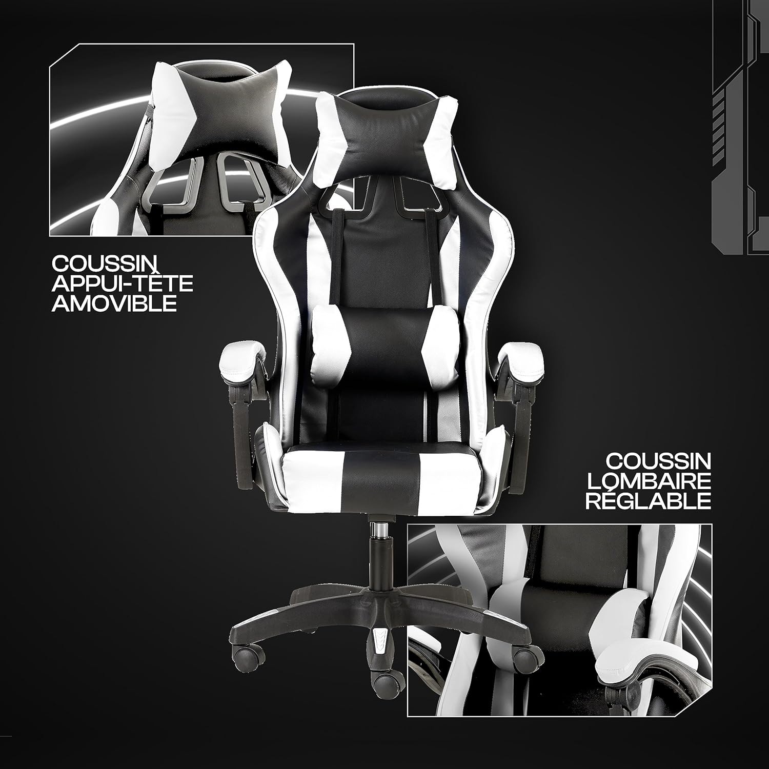 Baroni Home Chaise de Gaming, Chase de Jeux Ergonomique Chaise de Bureau avec Confortable Dossier réglable, Appui-tête et Soutien Lombaire, Blanc