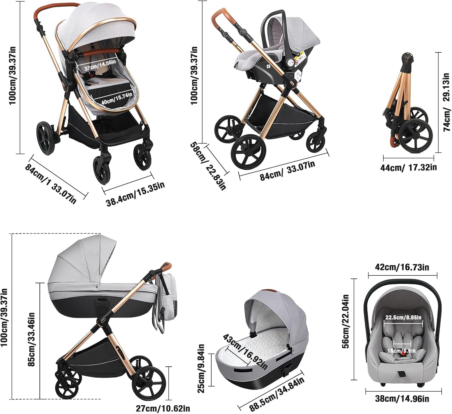 NADDLILY Poussette 3 en 1, Poussette Bebe avec Conception Portable Pliable en Un Clic, Pousette 3 en 1 avec Poussée Réversible Bidirectionnelle, Poussette Canne avec Accessoires (V9 Black)