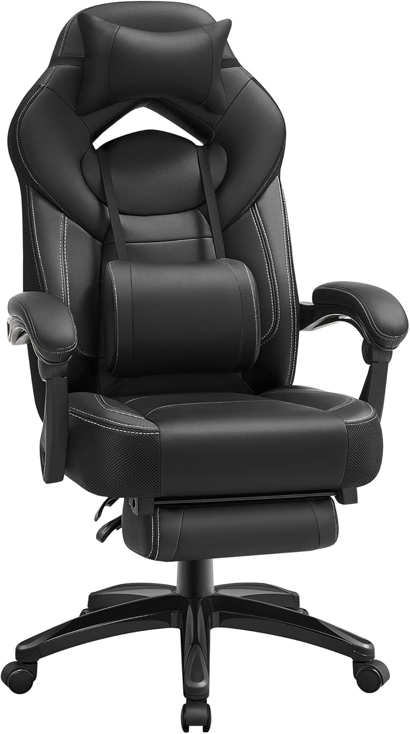 SONGMICS Fauteuil Gamer Ergonomique, Chaise Gaming, Fauteuil de Bureau, avec Repose-Pieds télescopique, Appui-tête réglable, Support Lombaire, capacité de Charge 150 kg, Gris et Noir OBG77BG