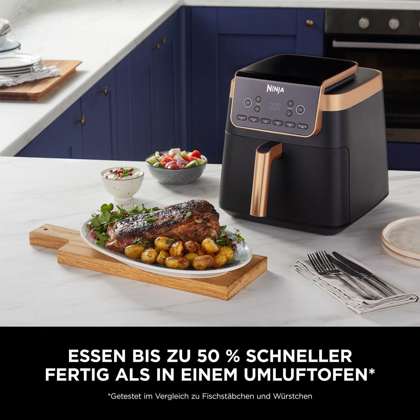 Ninja Foodi FlexDrawer Dual Zone Heißluftfritteuse, Airfryer mit 10,4-Fach und herausnehmbarem Trenner, Antihaftbeschichtung, spülmaschinenfester Korb, 7-in-1, Schwarz & Kupfer, AF500EUCP