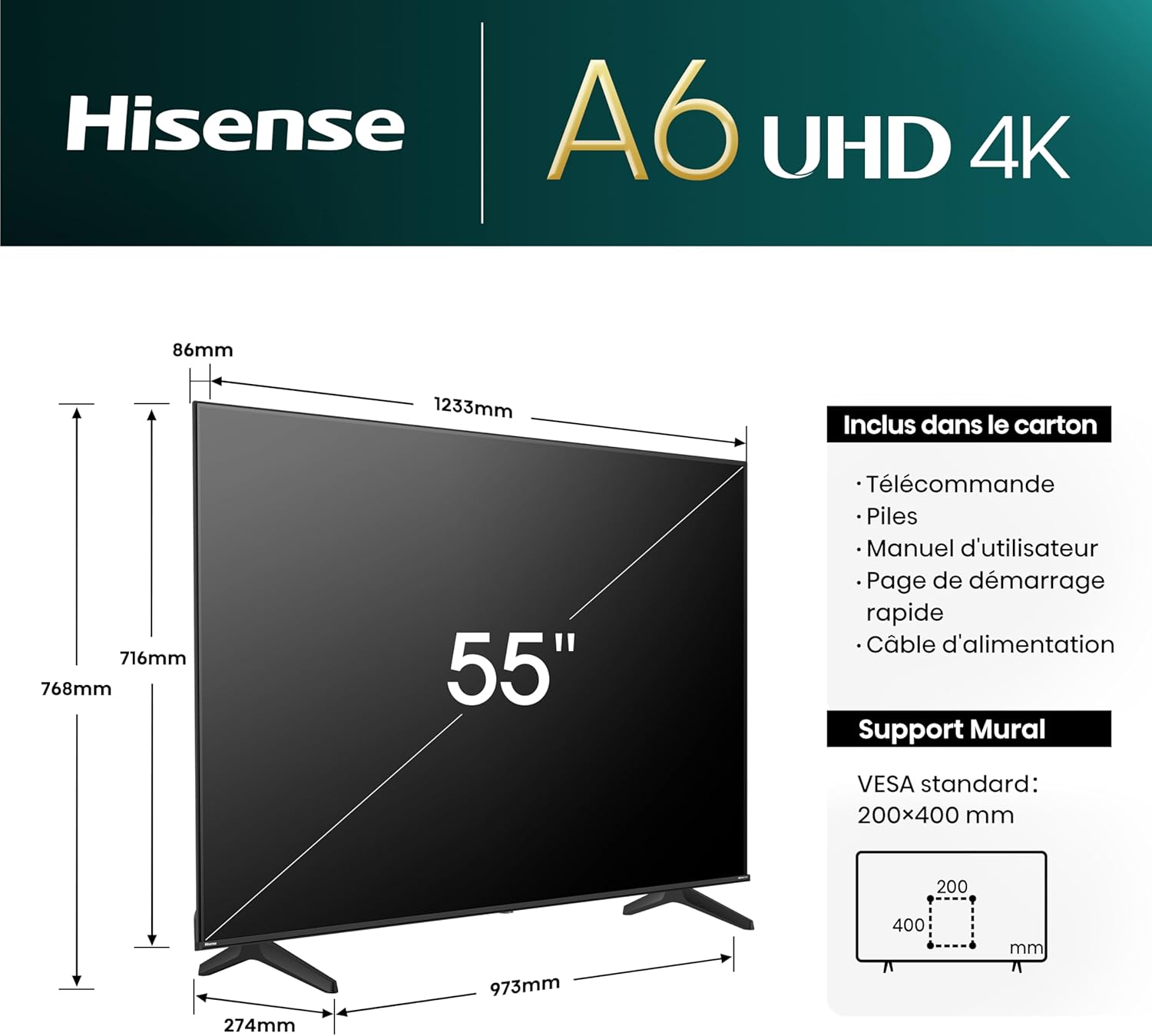 Hisense Smart TV 43 Pouces 43A6N 4K UHD, Dolby Vision, HDR, VIDAA avec Youtube, Netflix, Disney+, Canal +