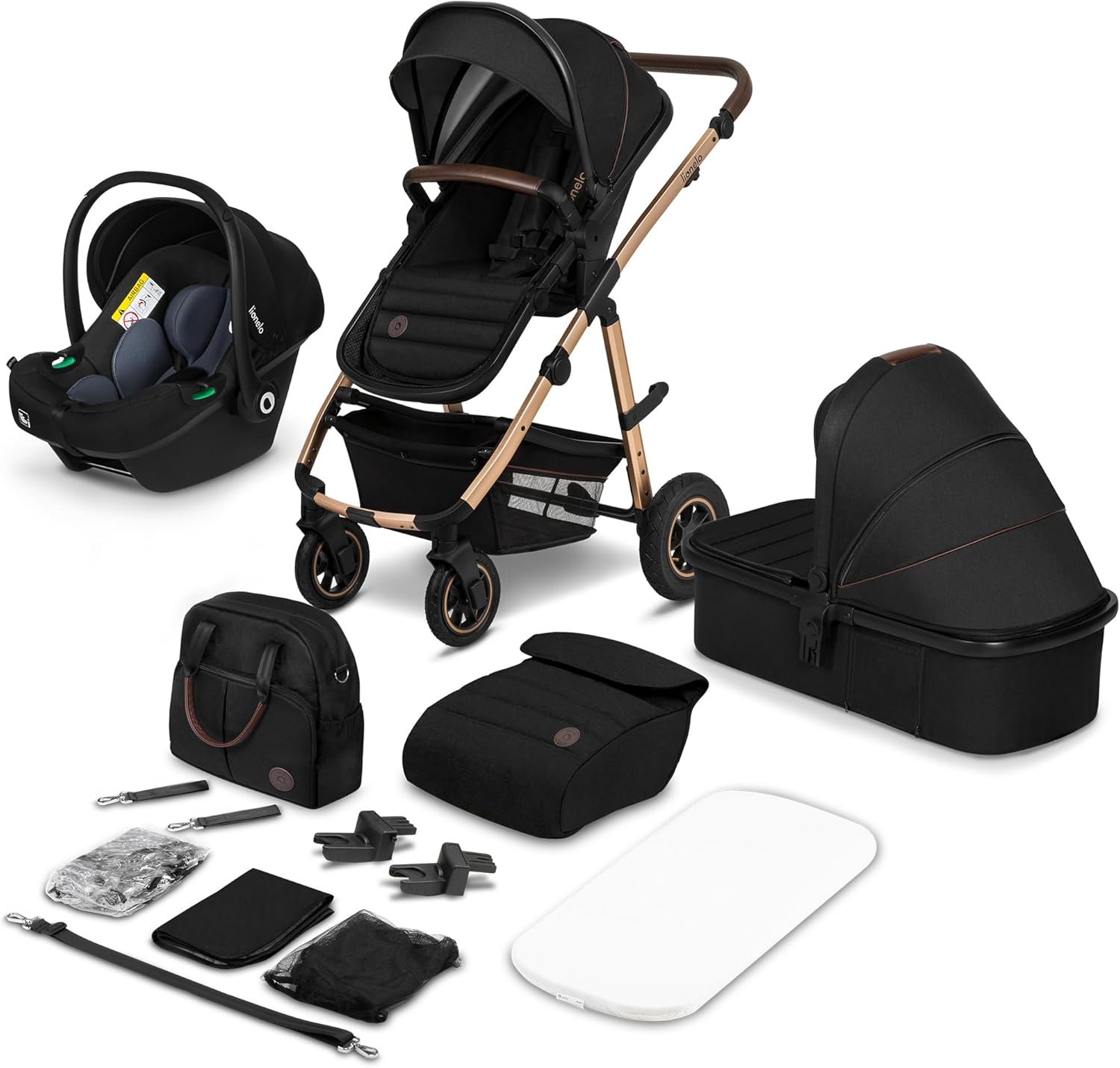LIONELO Amber 3 in 1 poussette multifonctionnellle, landau, ensemble poussette avec siège sport et nacelle fixe, sac, moustiquaire, couvrir, feuille de pluie mit siege auto