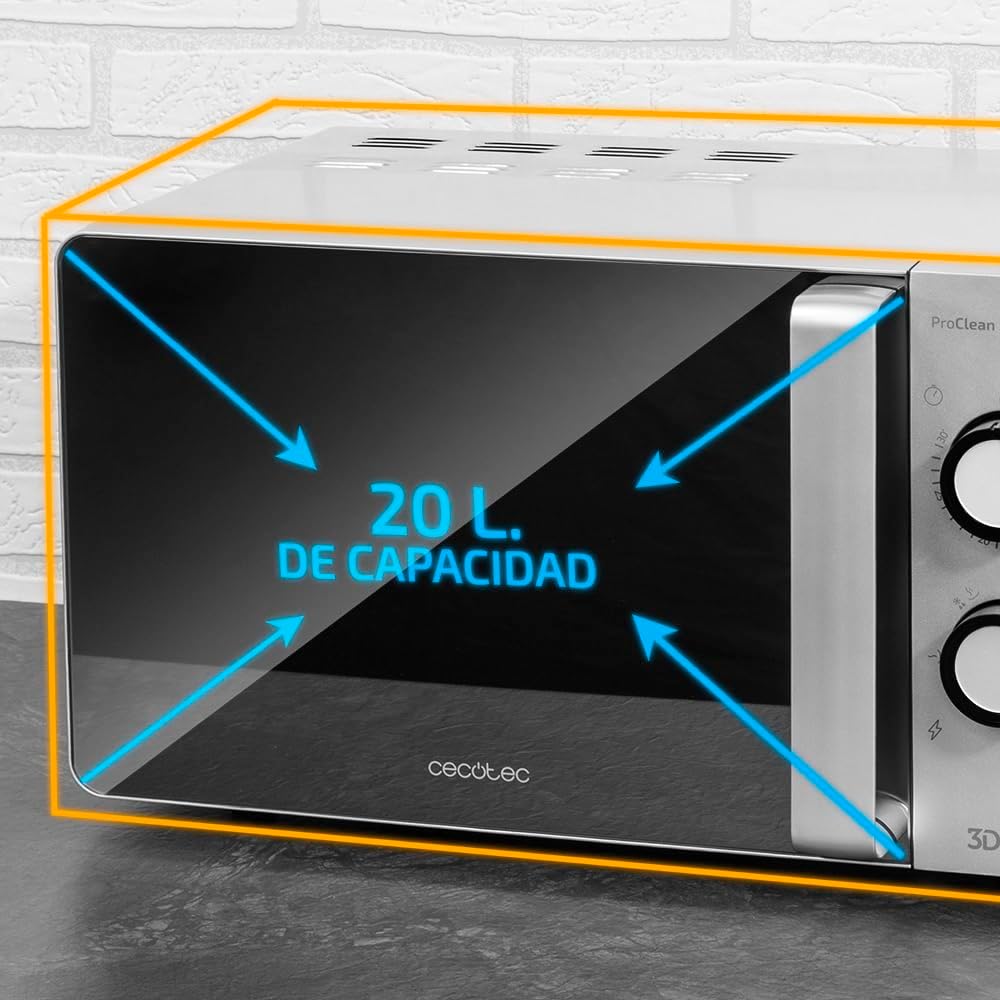 Cecotec Four à micro-ondes ProClean 9110 FullINOX avec grill 1000 W, 30 litres, 5 niveaux de puissance, 8 programmes, minuterie de 60 minutes, revêtement Ready2Clean, design avant miroir