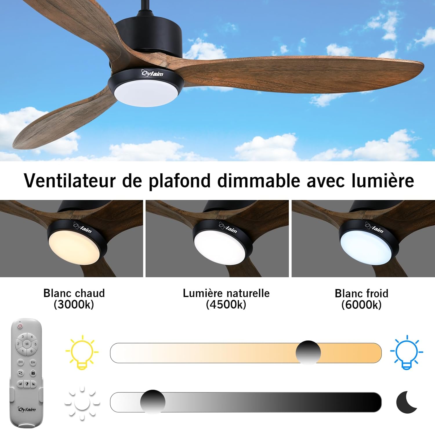 Ovlaim 132cm intérieur extérieur 3 pales hélice Smart ventilateur de plafond, Ventilateur de plafond en bois massif à moteur DC silencieux avect