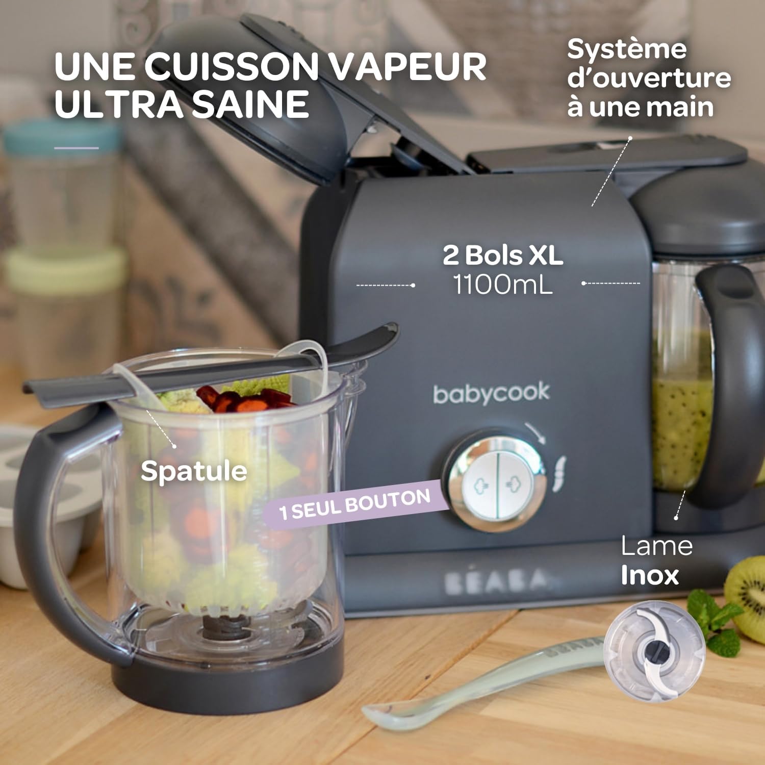BÉABA, Babycook Duo Robot Bébé 4 en 1 Mixeur-Cuiseur, Cuisson Vapeur rapide 15min , Diversification alimentaire, Petits pots bébé maison, Contenance XXL 2200 ml, Noir