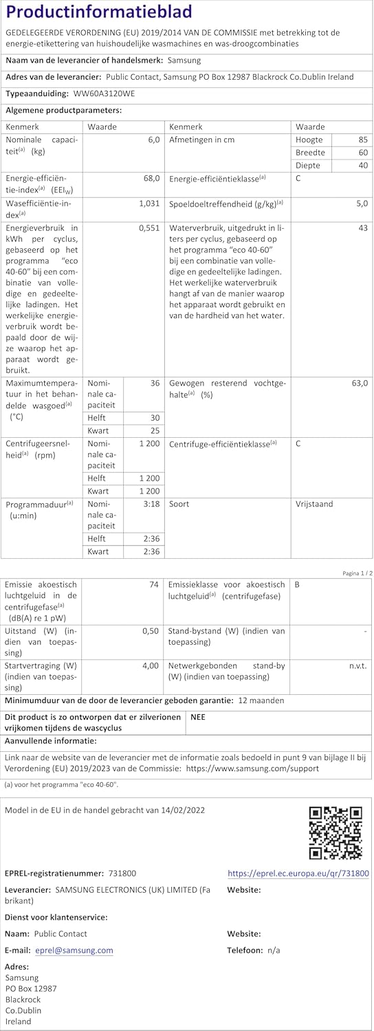 Machine à laver Samsung WW60A3120WE/ET Slim, autonome, 6 kg, 1200 tr/min, vapeur, chargement frontal, 85 x 59,5 x 40 cm, blanc