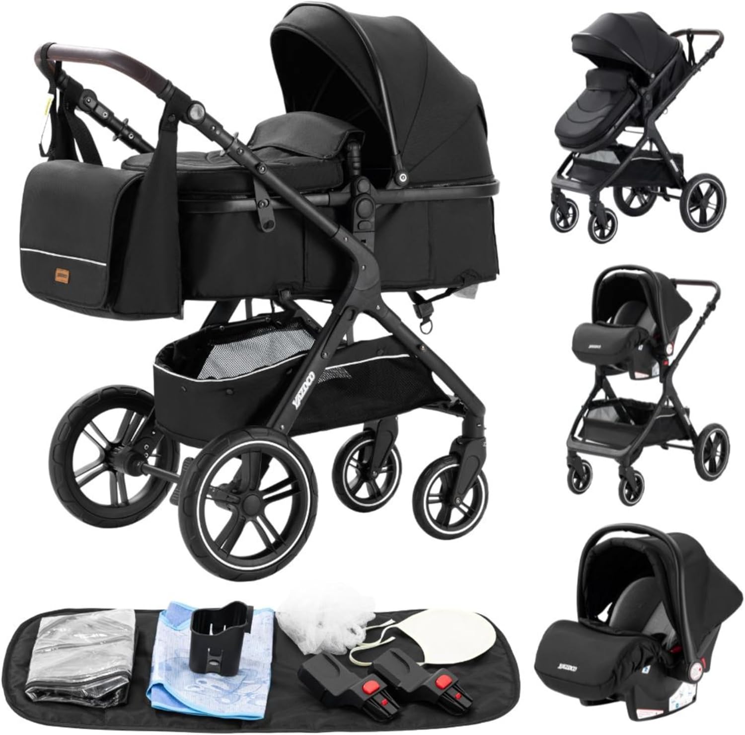 YAZOCO Poussettes 3 en 1 Citadines Poussettes Combinées Poussette Tricycle Baby Walker Poussette Haute Paysage Poussettes Pliantes Trolley Bébé Landau pour 0-36 (1 Noir)