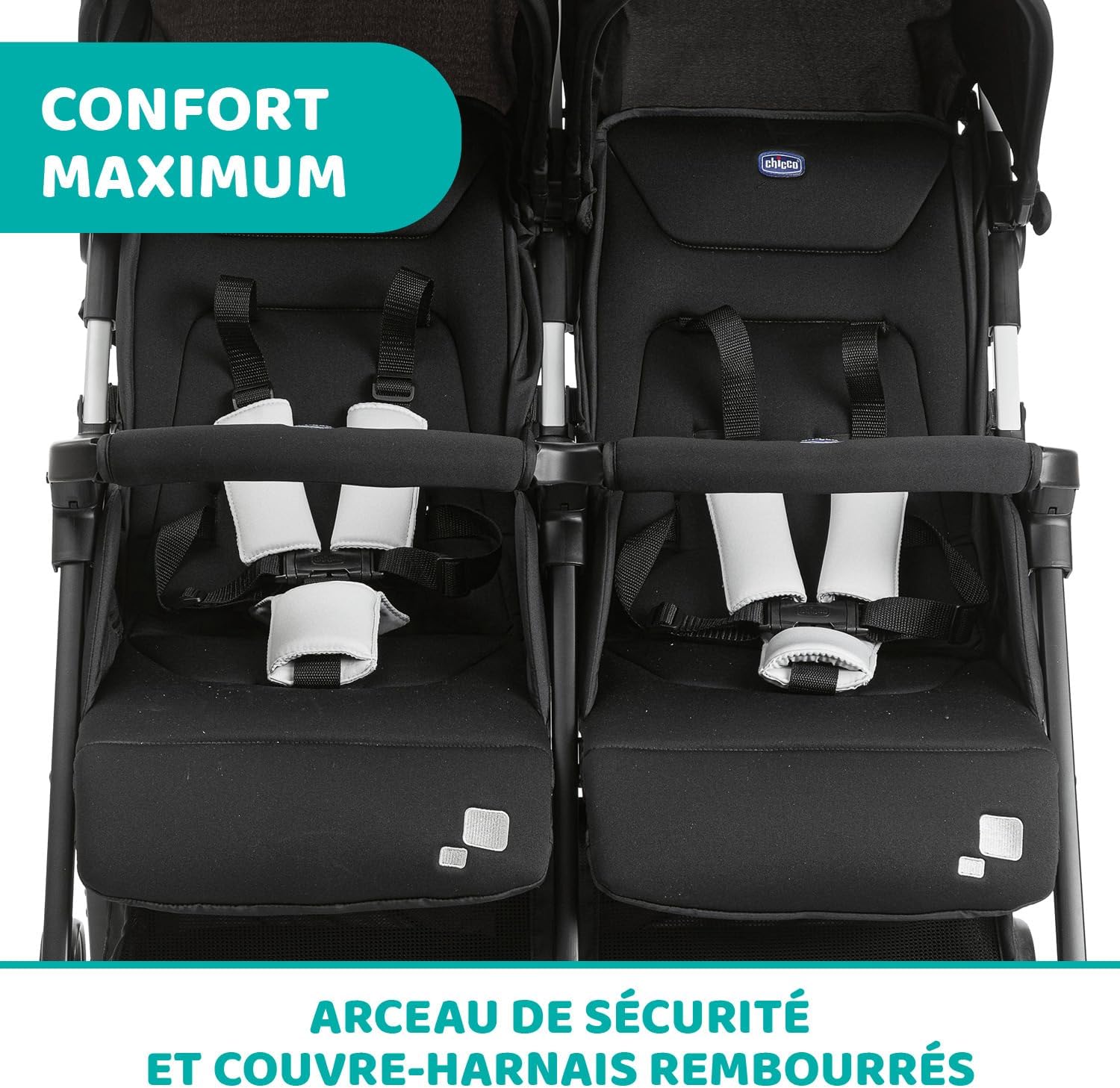 Chicco OHlalà Poussette Canne Double, Légère Inclinable et Pliable, Poussette pour Jumeaux de la Naissance à 15 kg, Fermeture Compacte, Inclus une Housse de Pluie, Capote Extensible - black night